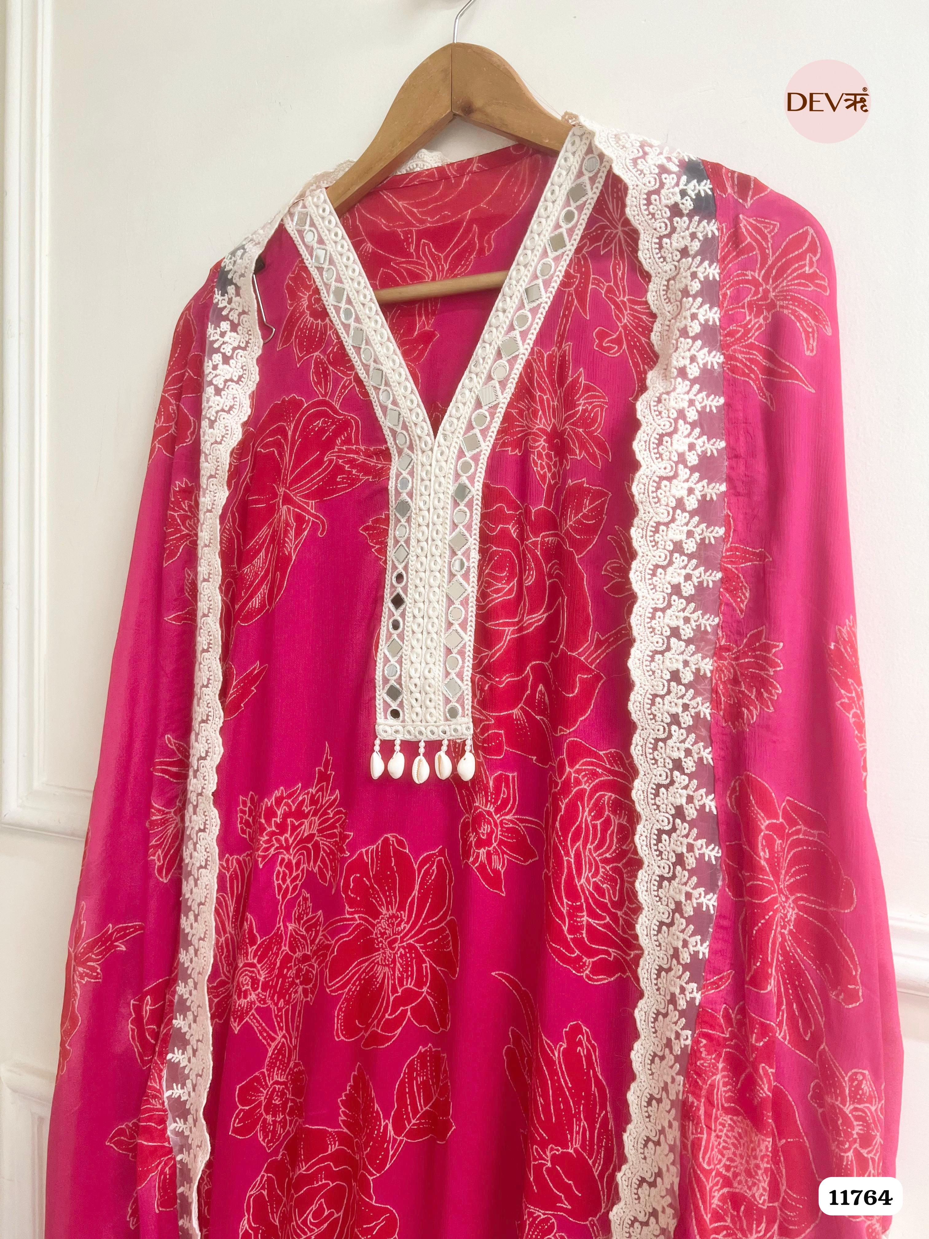 Pink Chinon Unstitched Printed Crocia Laces Set Of 3 {11764}