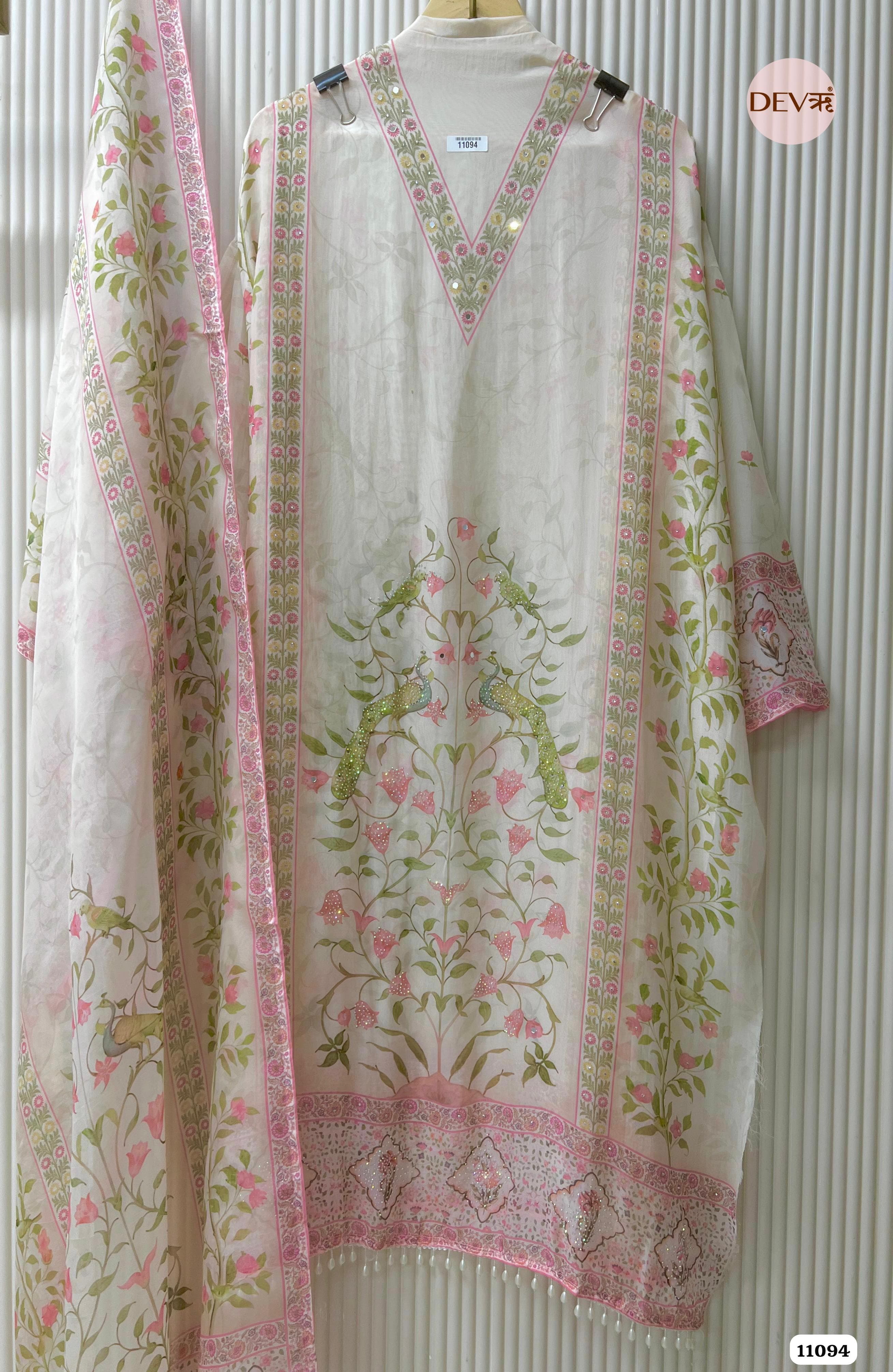 White Organza Printed Semi Stitched Hand Embroidered -Set Of 3 {11094}