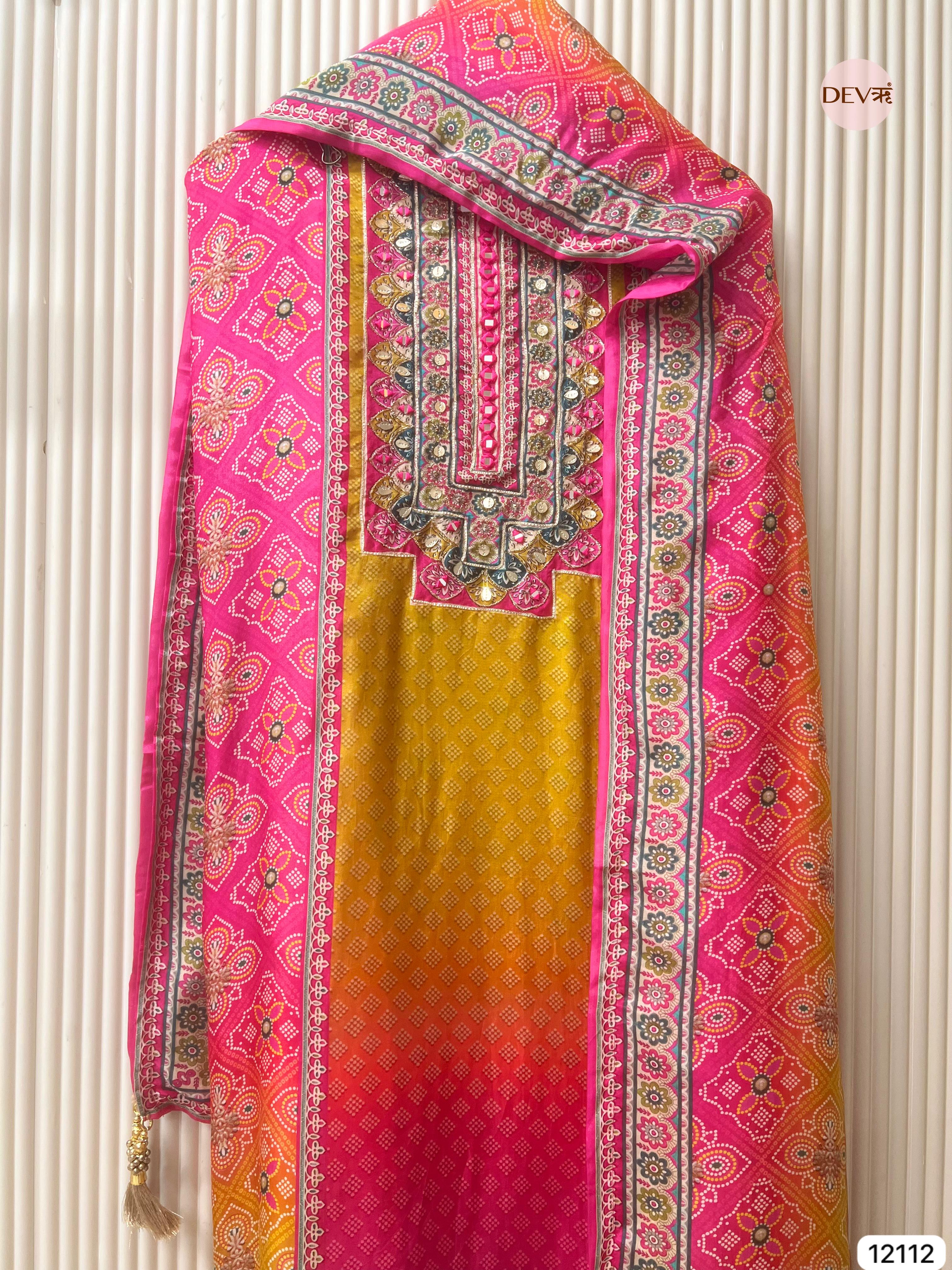 Pink / yellow Pure Organza Silk Unstitched Printed -Set Of 3 - {12112}