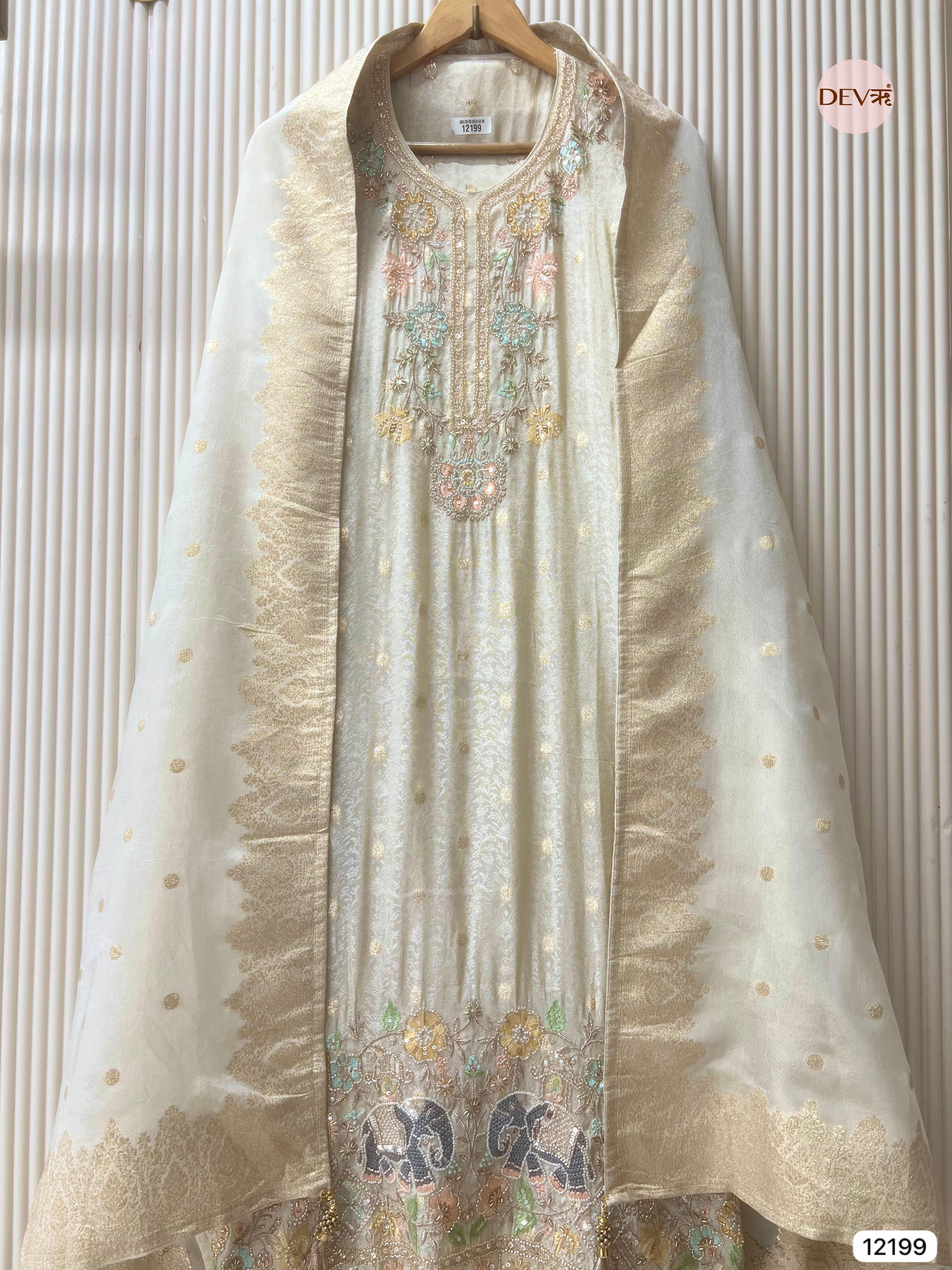 Creamy Silk Unstitched Banarasi Woven Hand Embroidered -Set Of 3 - {12199}