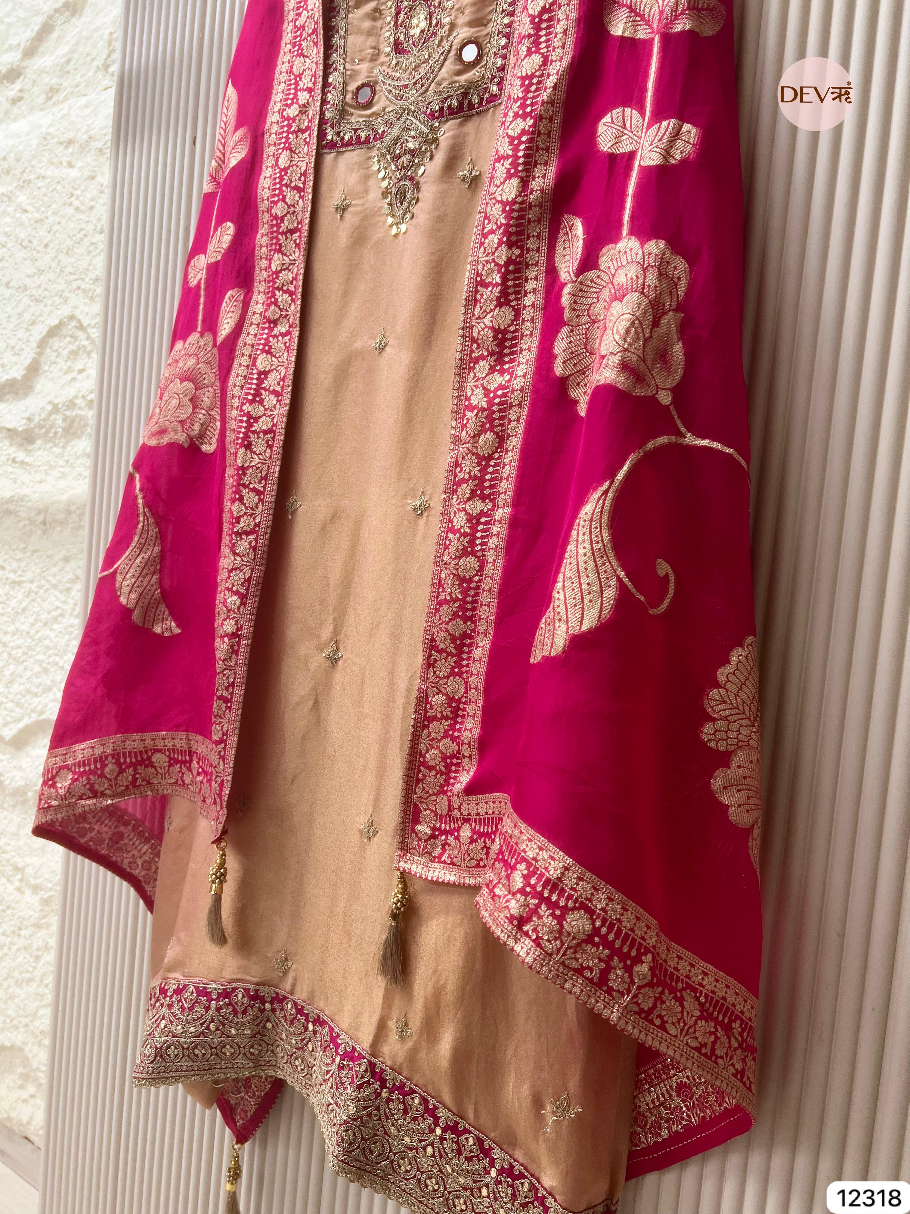 Champagne Gold Shimmer Silk Embroidered Unstitched 3-Piece Suit (Devri – D.No 12318)