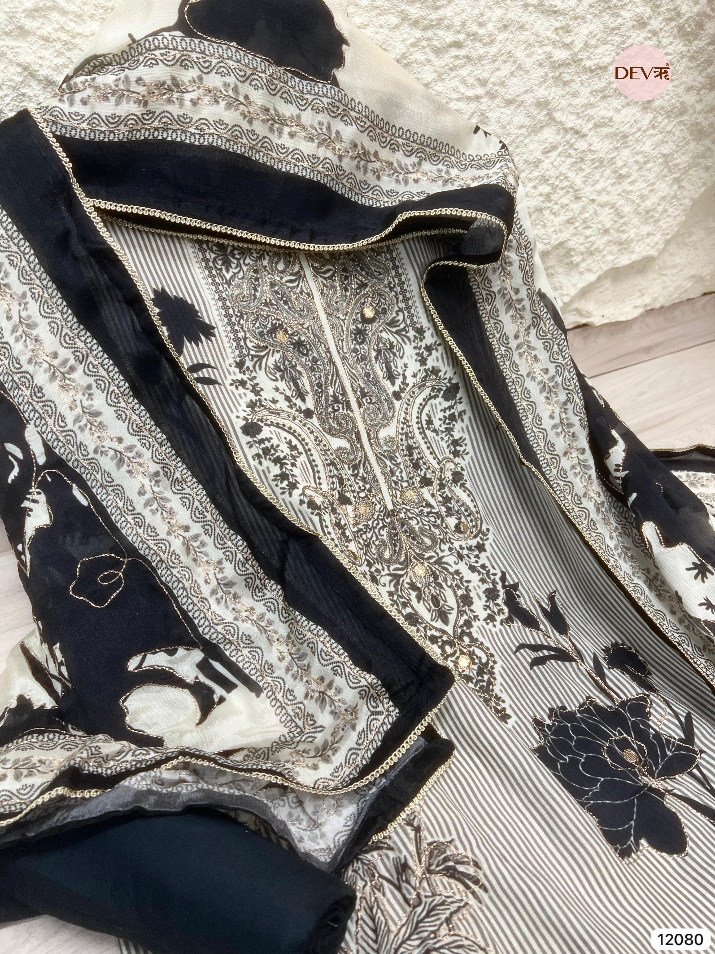 Black & White Pure Muslin Unstitched Printed With Hand Zardosi Embroidery -Set Of 3 - {12080}