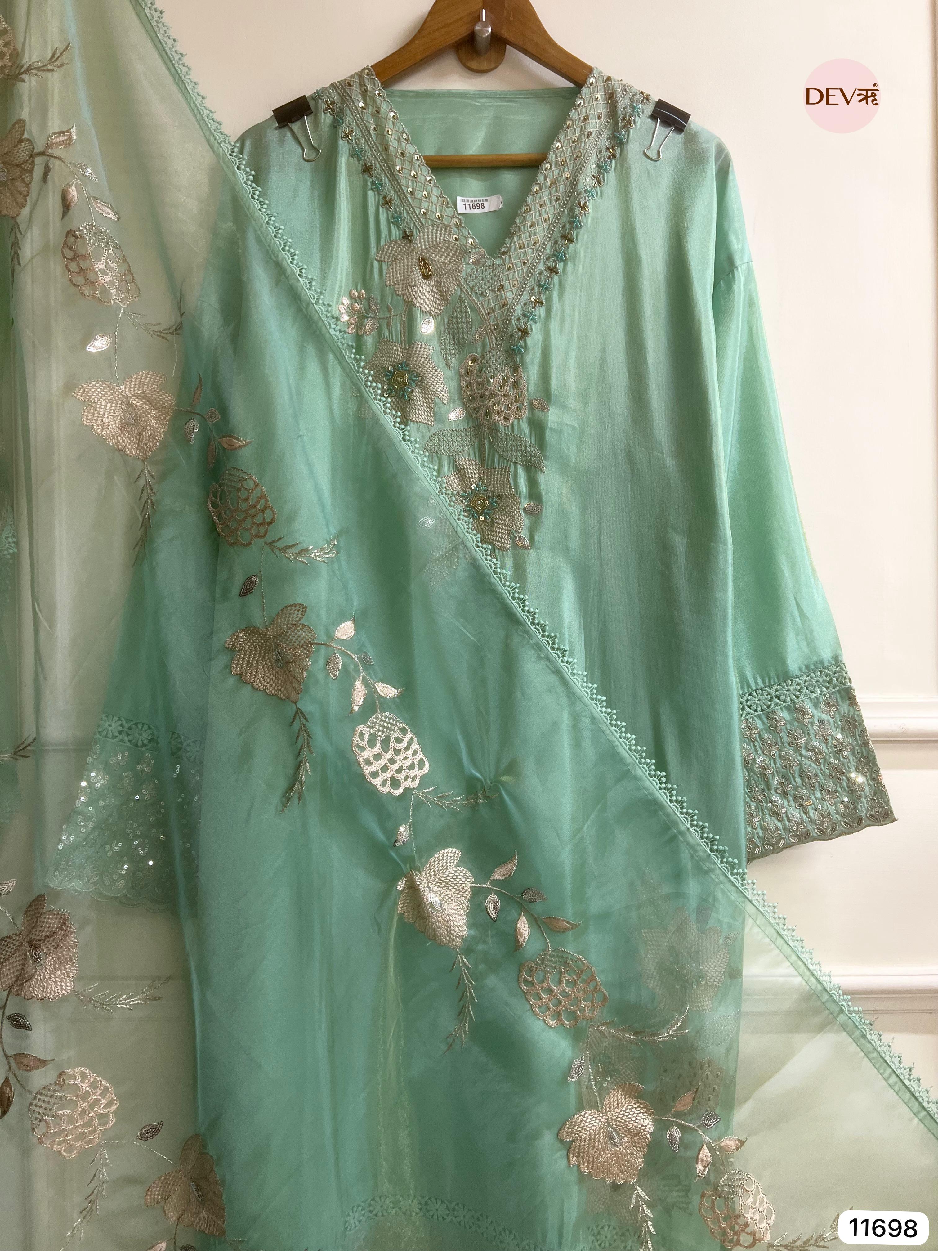 Green Tissue Shimmer Silk Semi Stitched Hand Embroidered -Set Of 3- {11698}