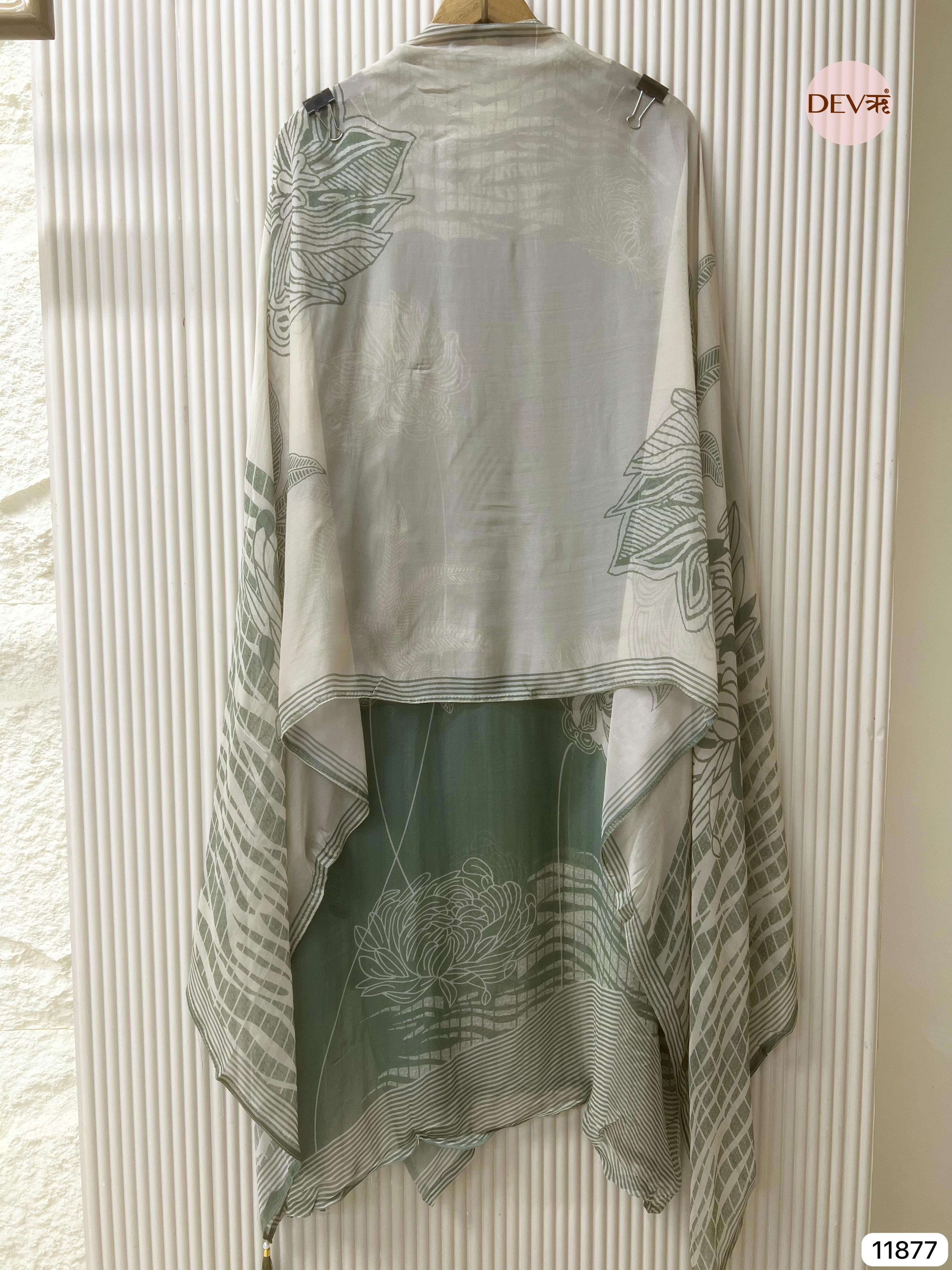 Dark Green Organza Semi Stitched Printed Hand Embroidered -Set Of 3- {11877}