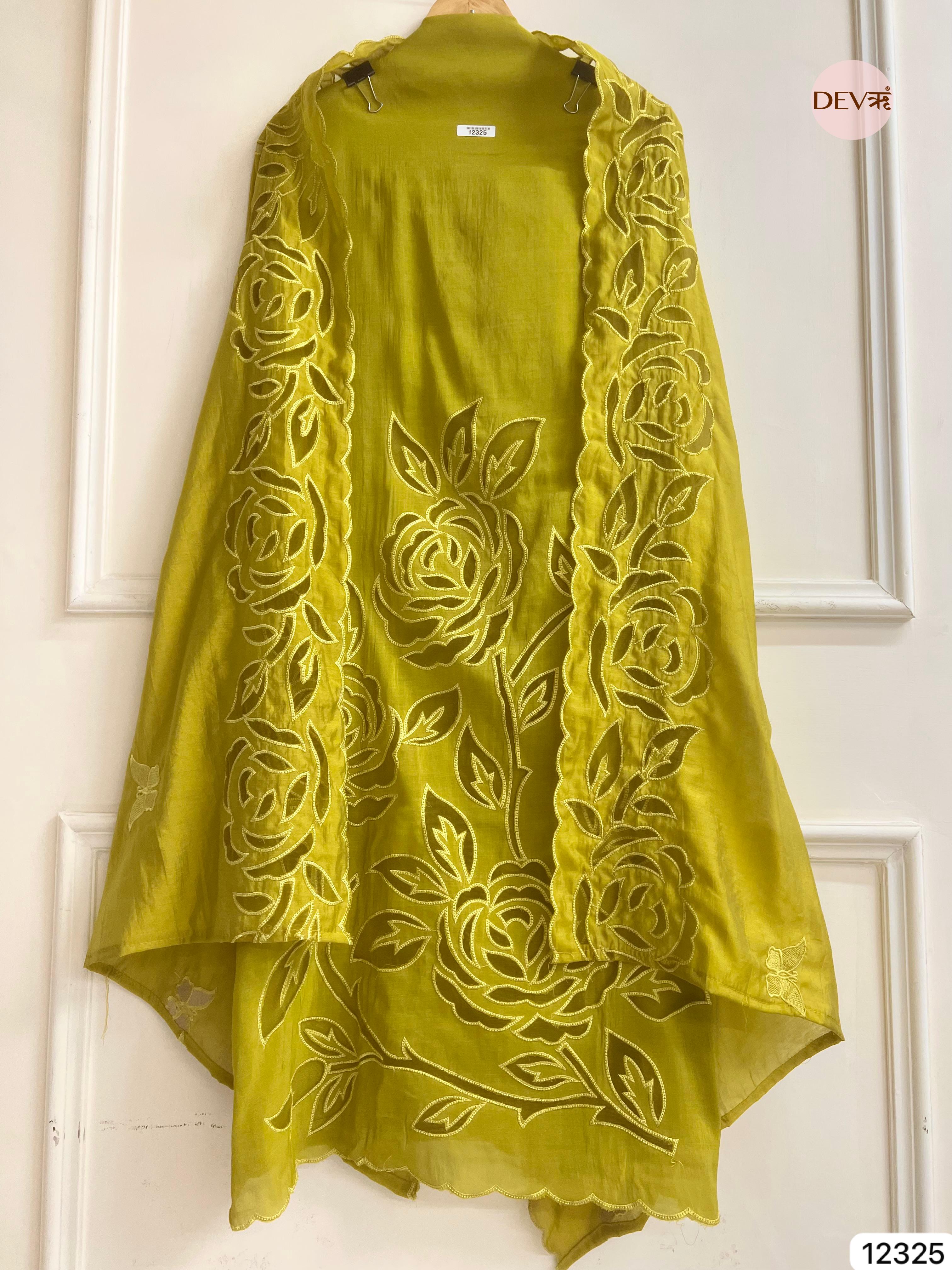 Lime Green Mul Chanderi Embroidered Unstitched 3-Piece Suit (Devri – D.No 12325)
