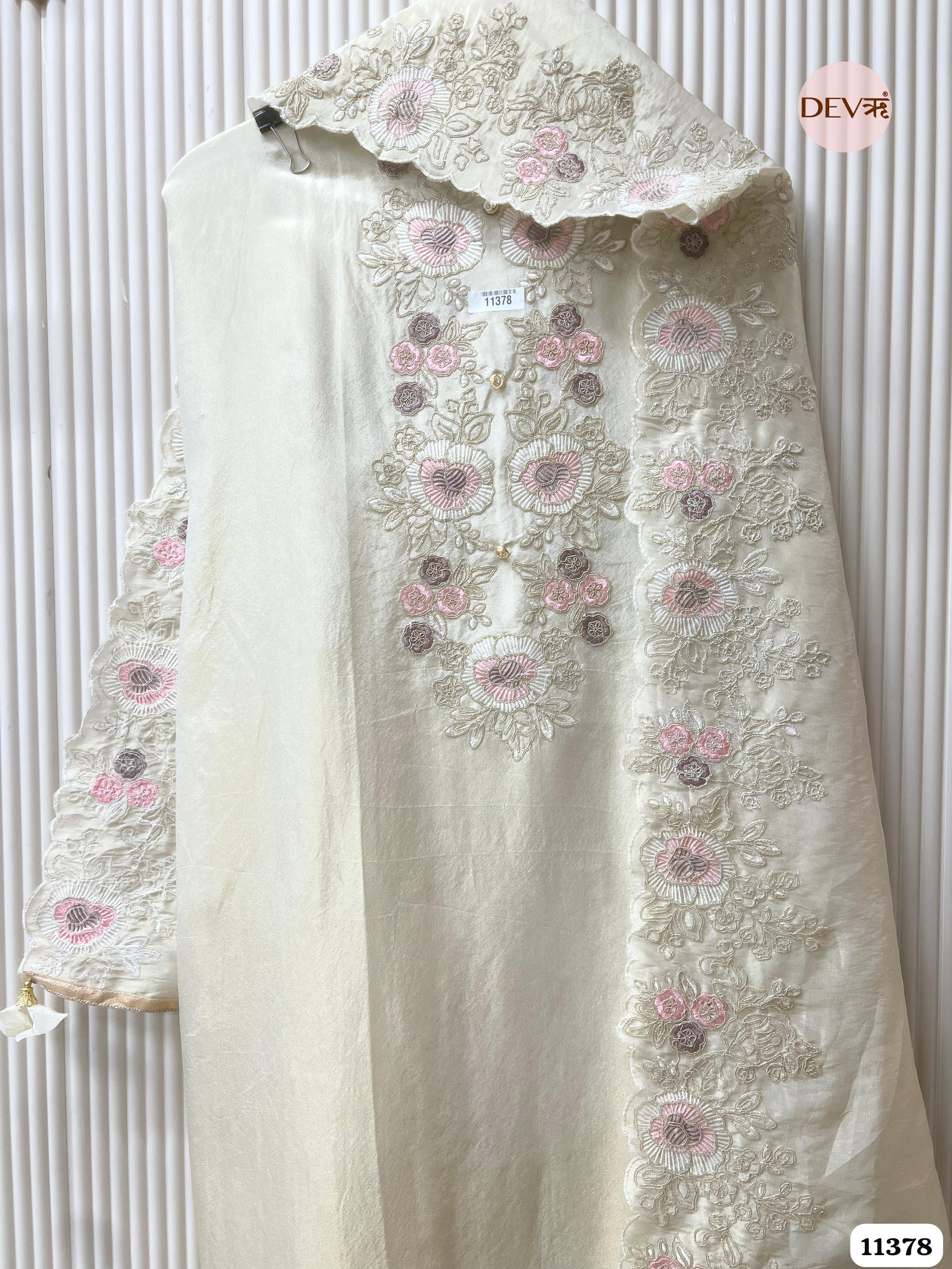White Tissue Silk Unstitched Embroidered -Set Of 3 {11378}