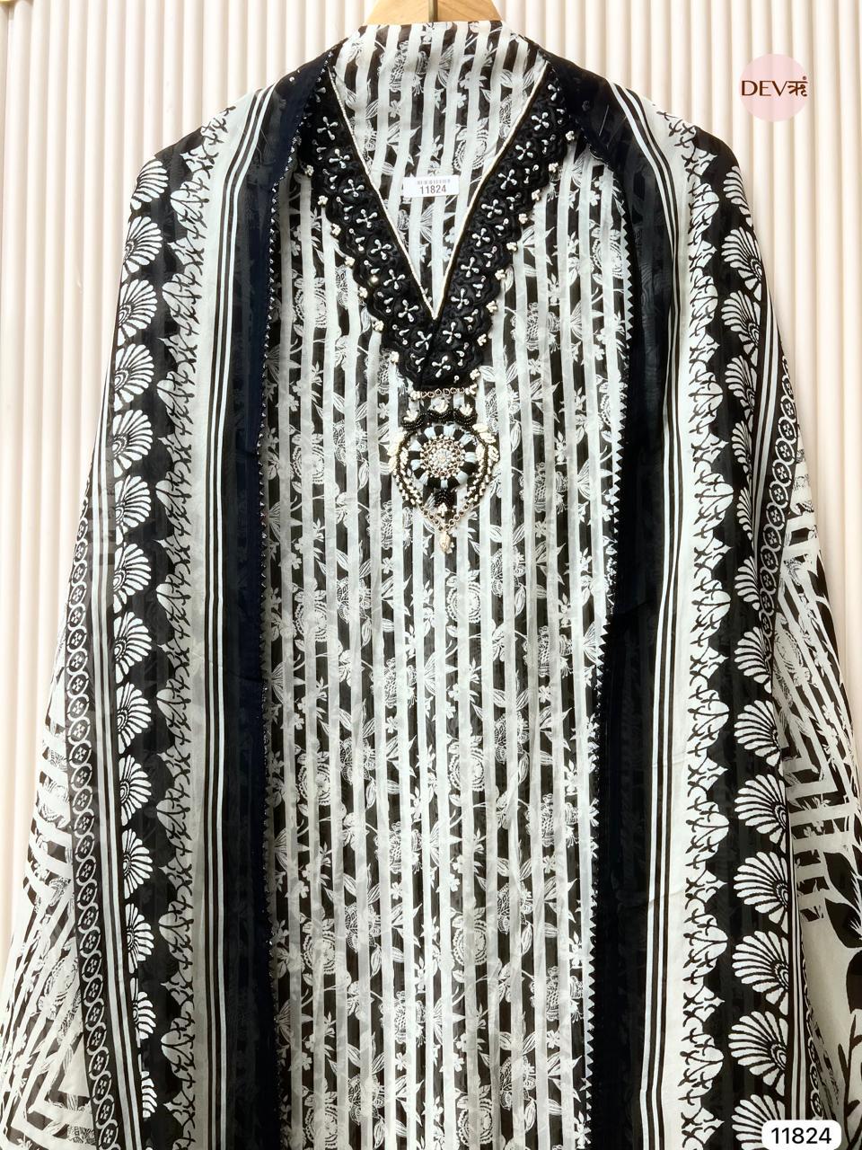 Black Ivory Organza Embroidered Unstitched 3-Piece Suit (Devri – D.No 11824)