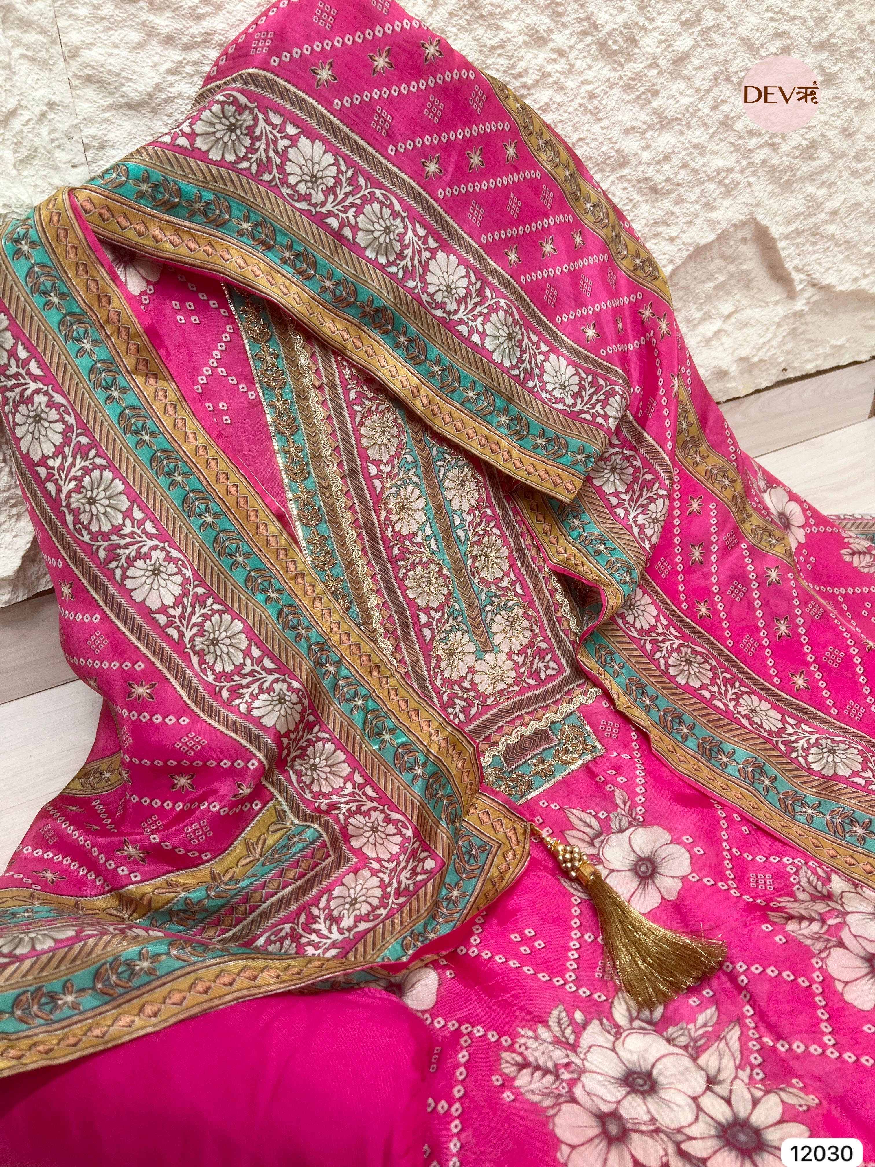 Pink Pure Glass Silk Unstitched Printed Zardosi Highlight Embroidered -Set Of 3 - {12030}