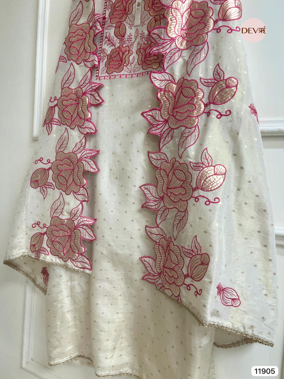 Cream Colour Pure Tissue Shimmer Unstitched Embroidered -Set Of 3 - {11905}