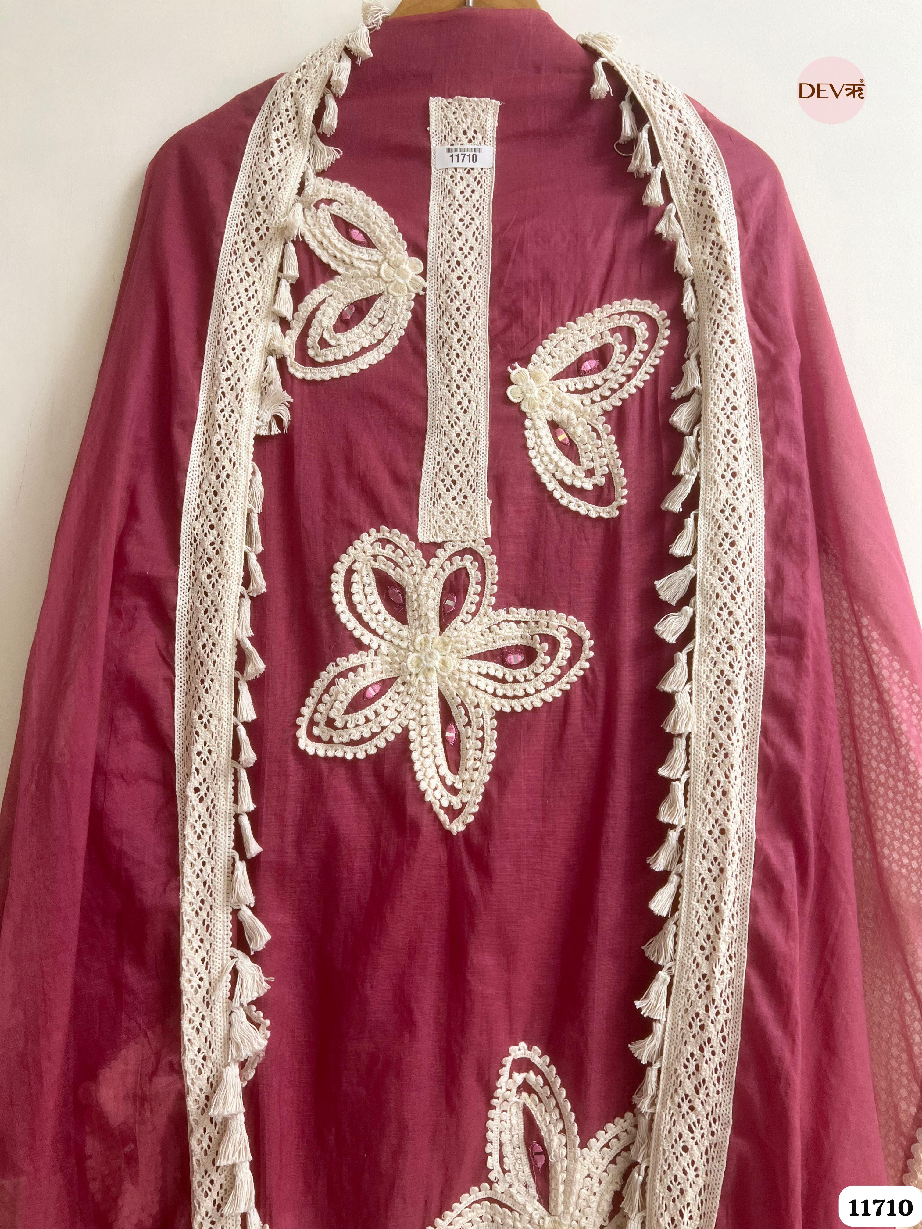 Maroon Mul Chanderi Unstitched Hand Embroidered -Set Of 3 {11710}
