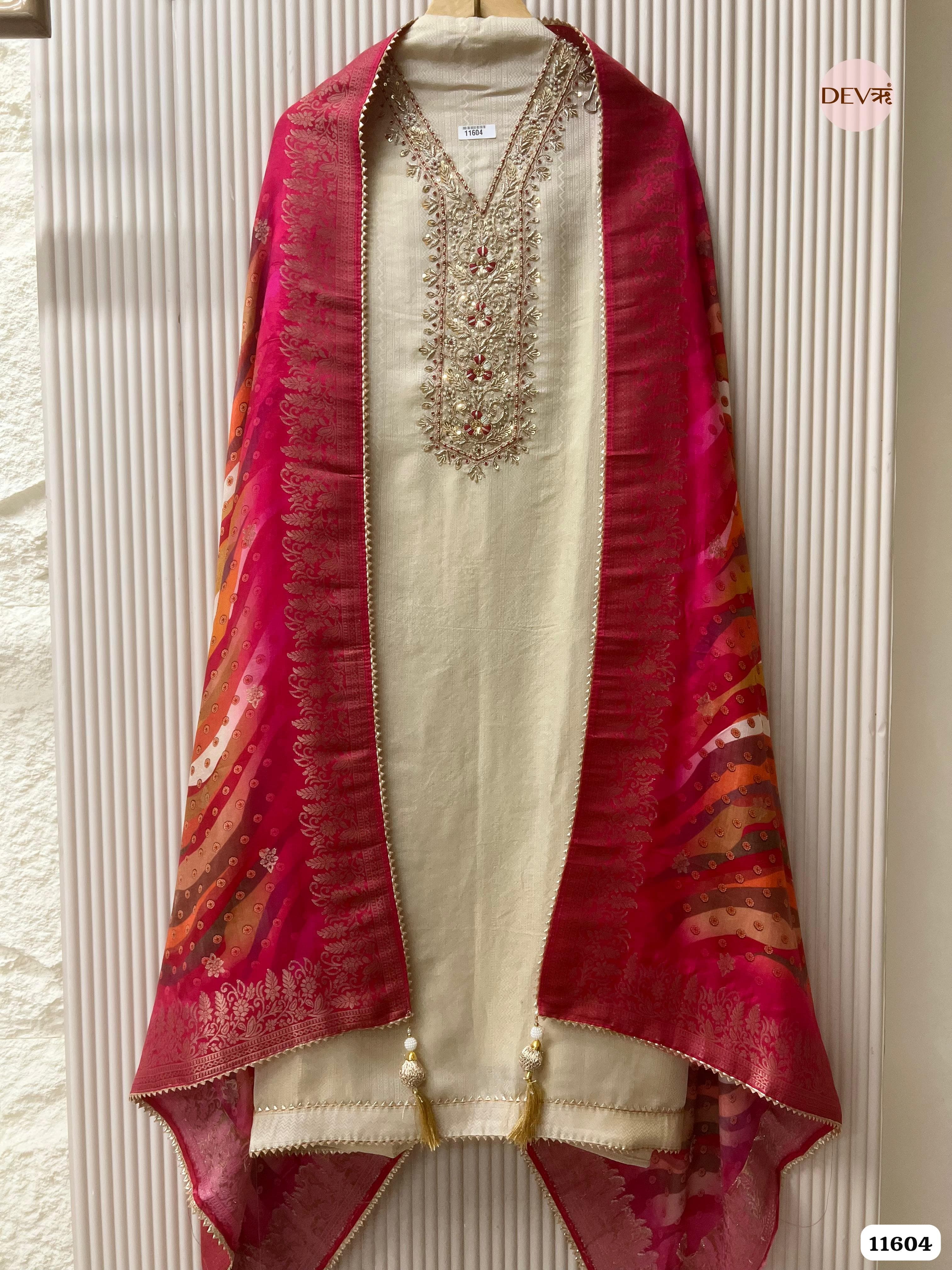 Cream Colour Pure Tissue Silk Unstitched Hand Embroidered -Set Of 3 {11604}