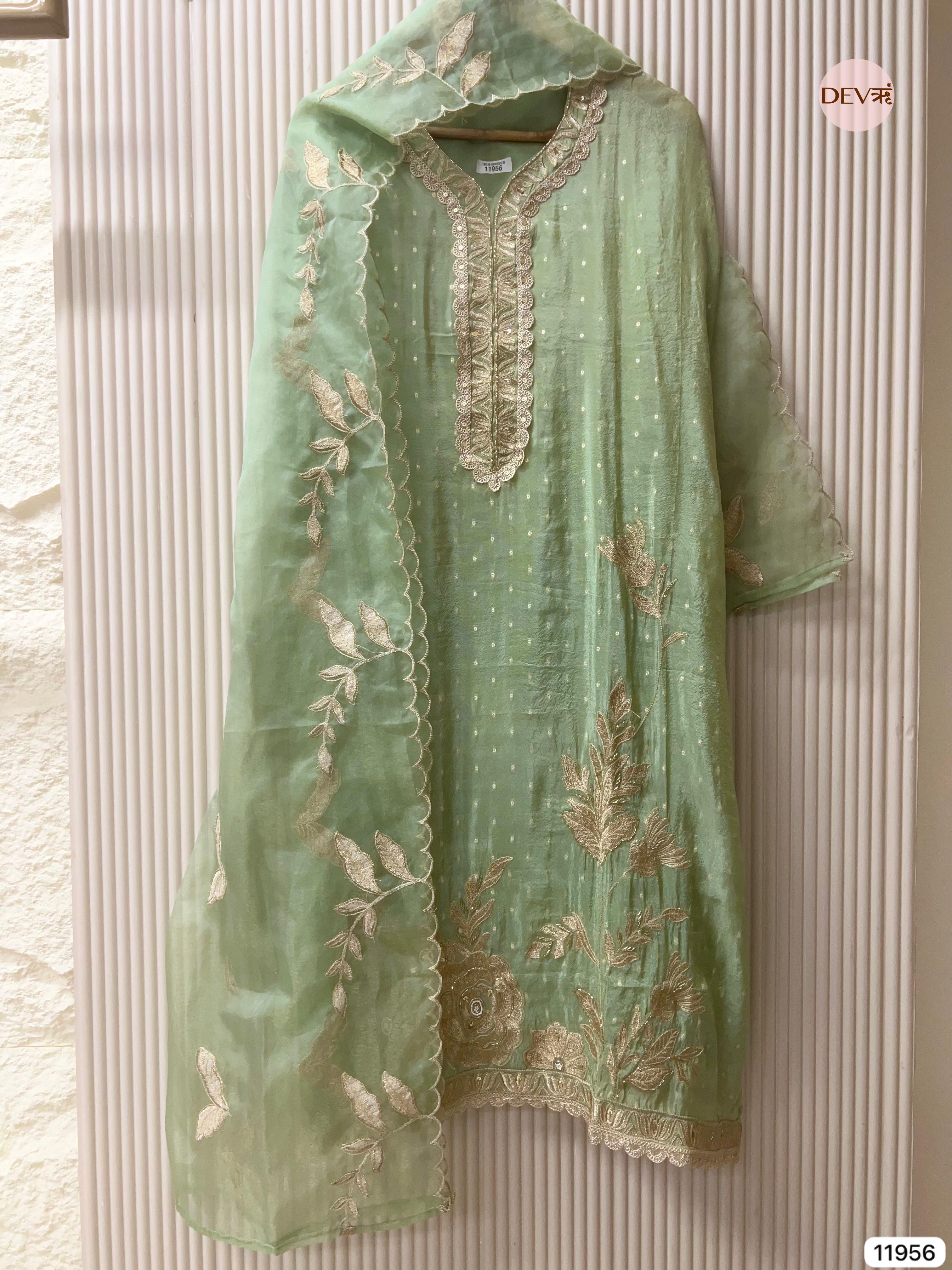 Green Tissue Silk Unstitched Banarasi Weave Embroidered -Set Of 3 - {11956}