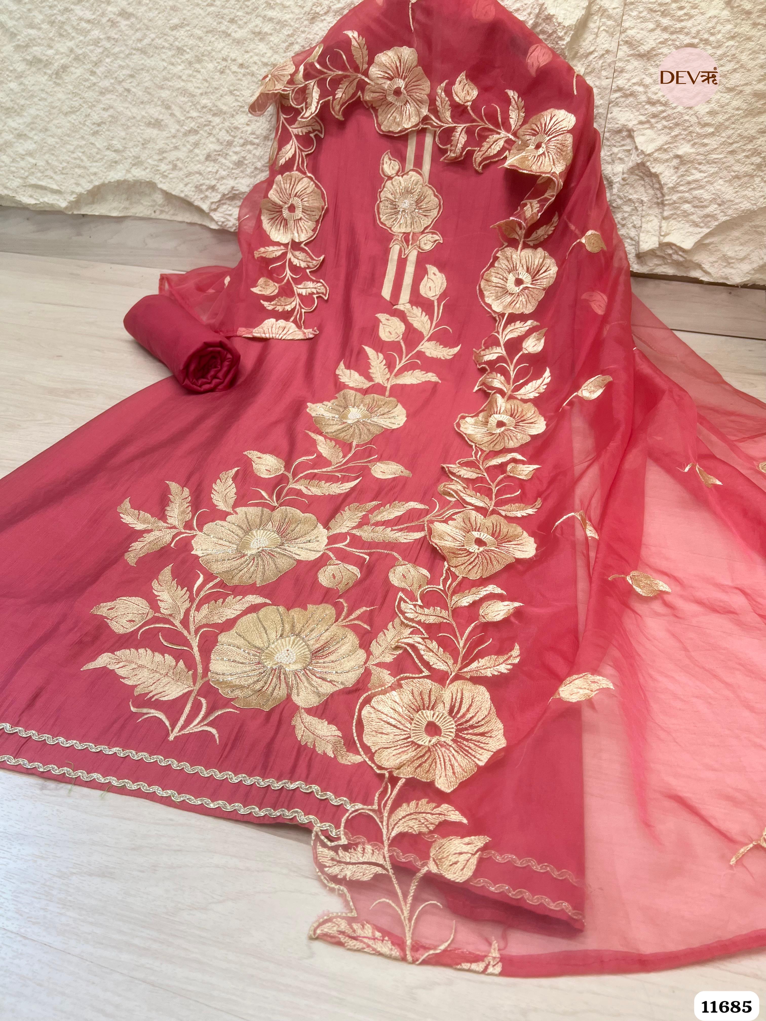 Pink Mul Chanderi Unstitched Embroidered -Set Of 3 {11685}