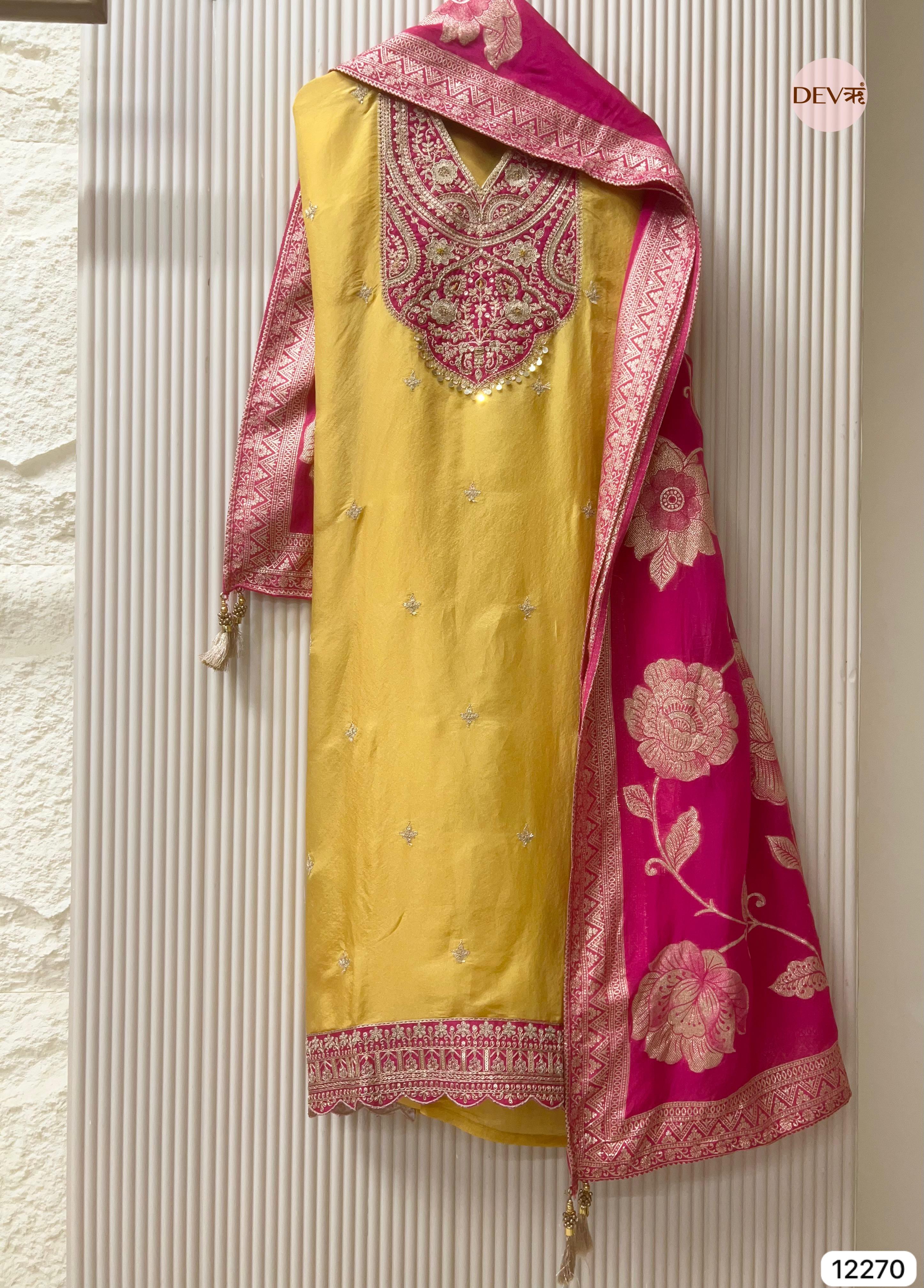Yellow Shimmer Silk Embroidered Unstitched 3-Piece Suit (Devri – D.No 12270)