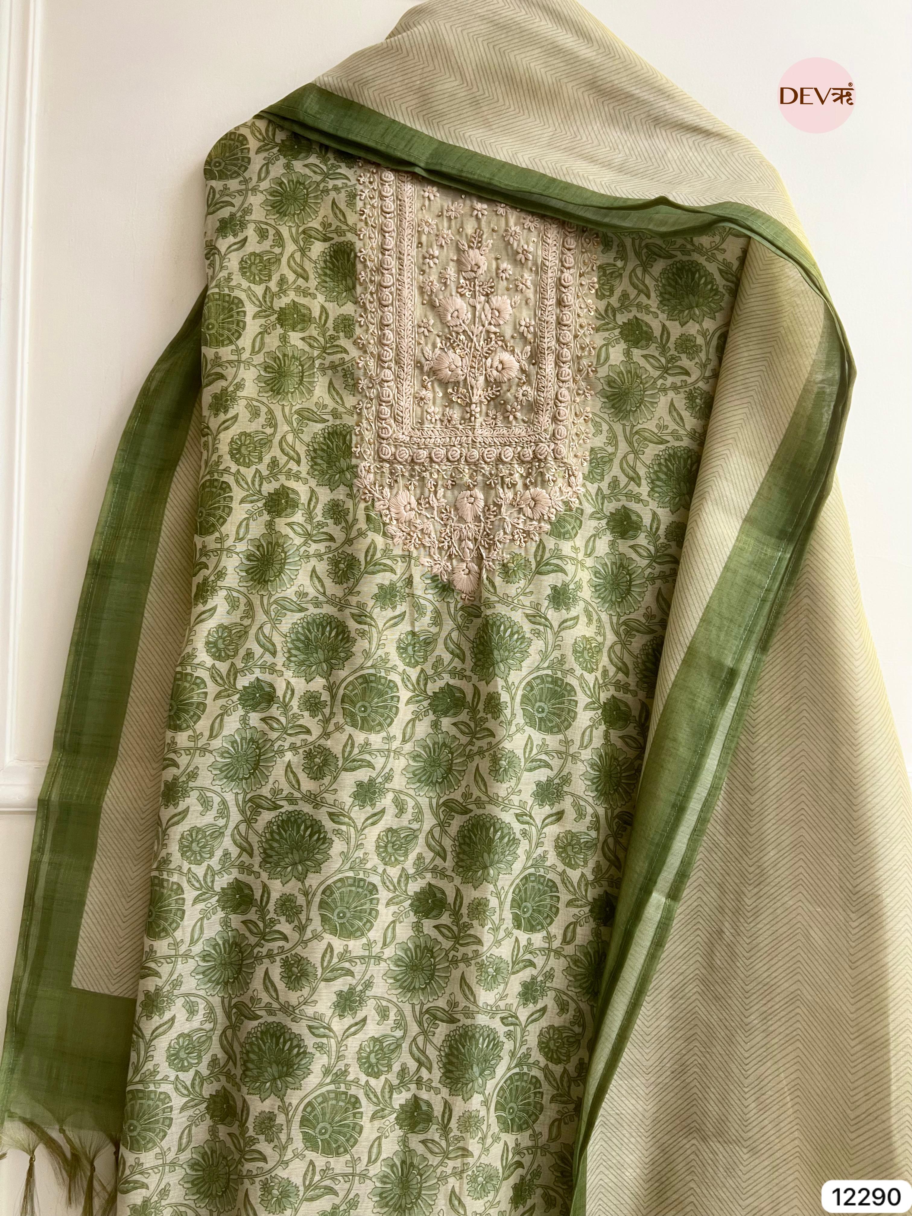 Ivory Green Tissue Silk Embroidered Unstitched 3-Piece Suit (Devri – D.No 12290)