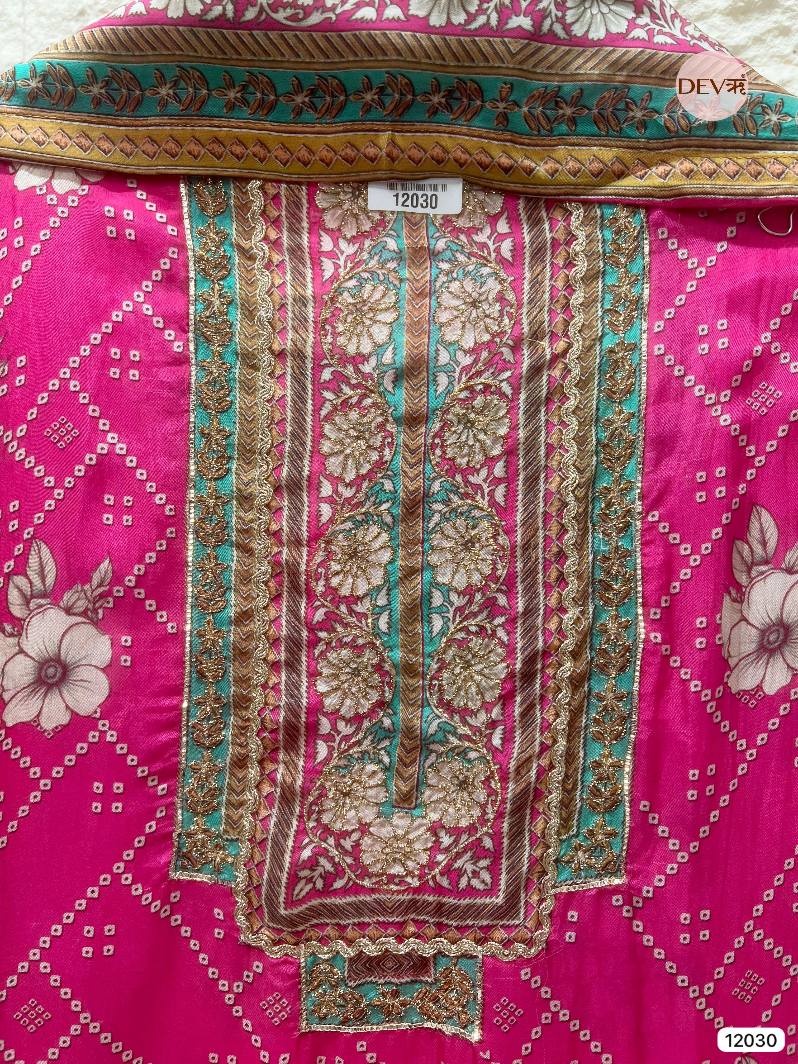 Pink Pure Glass Silk Unstitched Printed Zardosi Highlight Embroidered -Set Of 3 - {12030}
