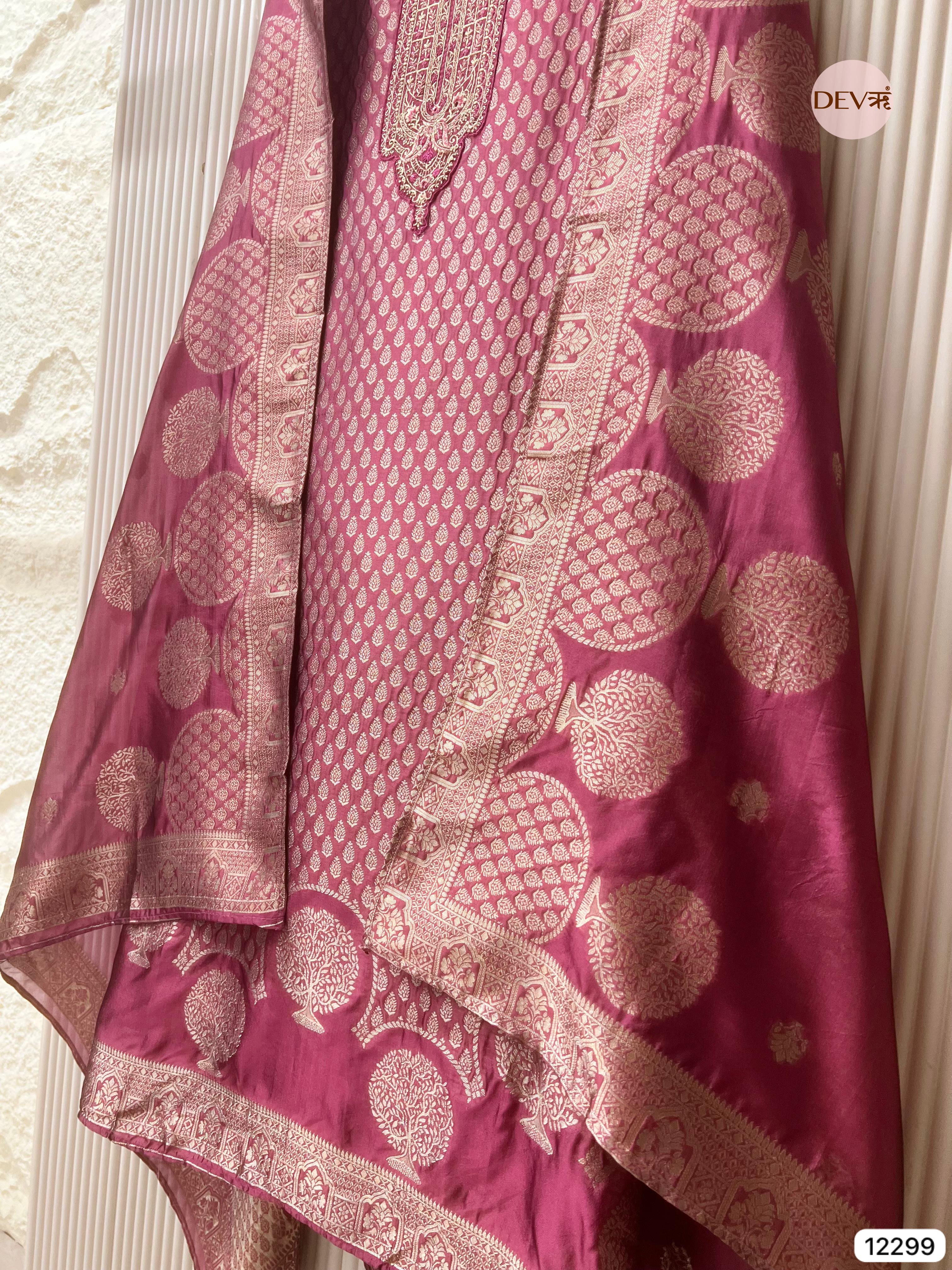 Rani Pink Pure Banarasi Silk Woven Unstitched 3-Piece Suit (Devri – D.No 12299)