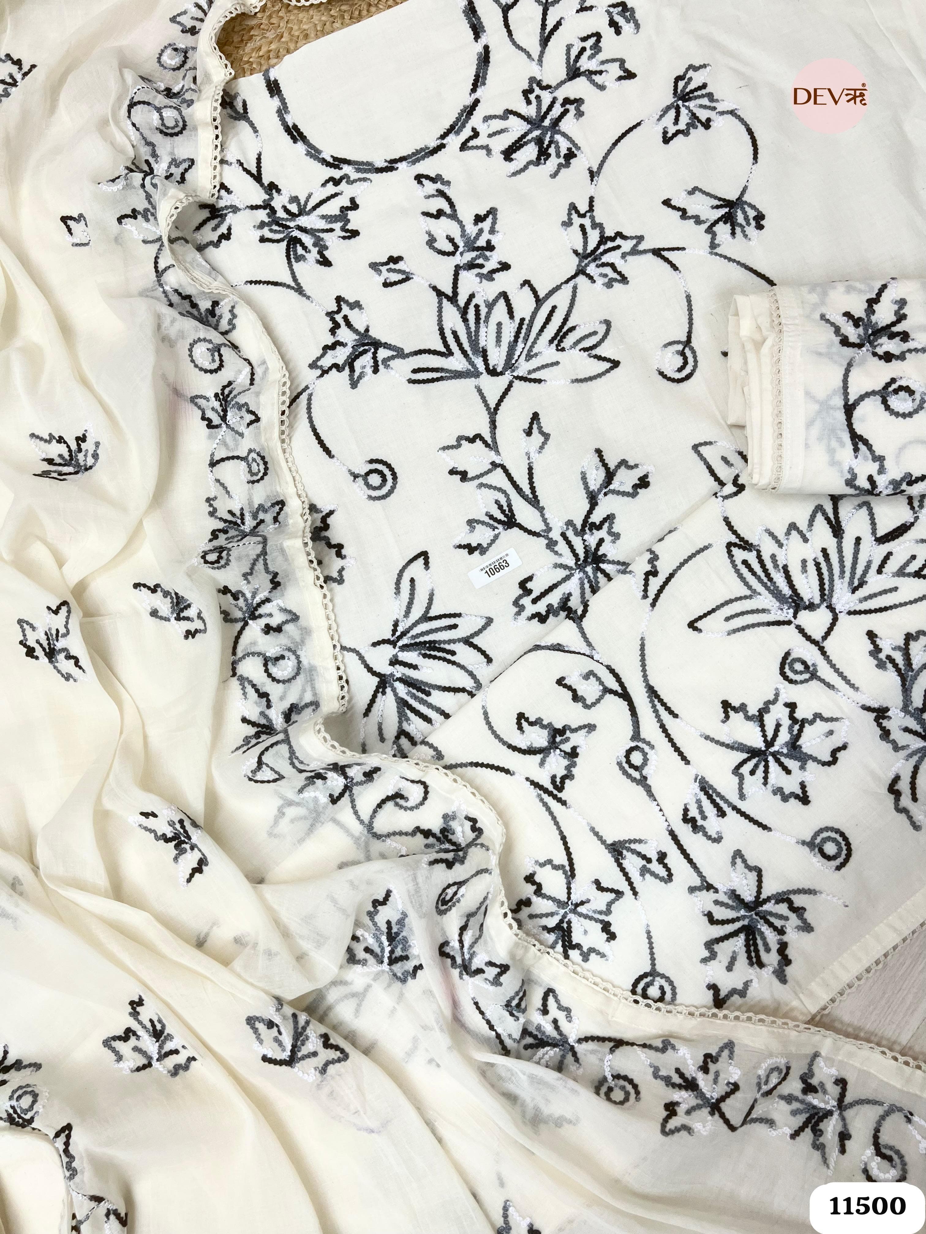 Black & white Pure Cotton Unstitched Embroidered -Set Of 6 {11500}