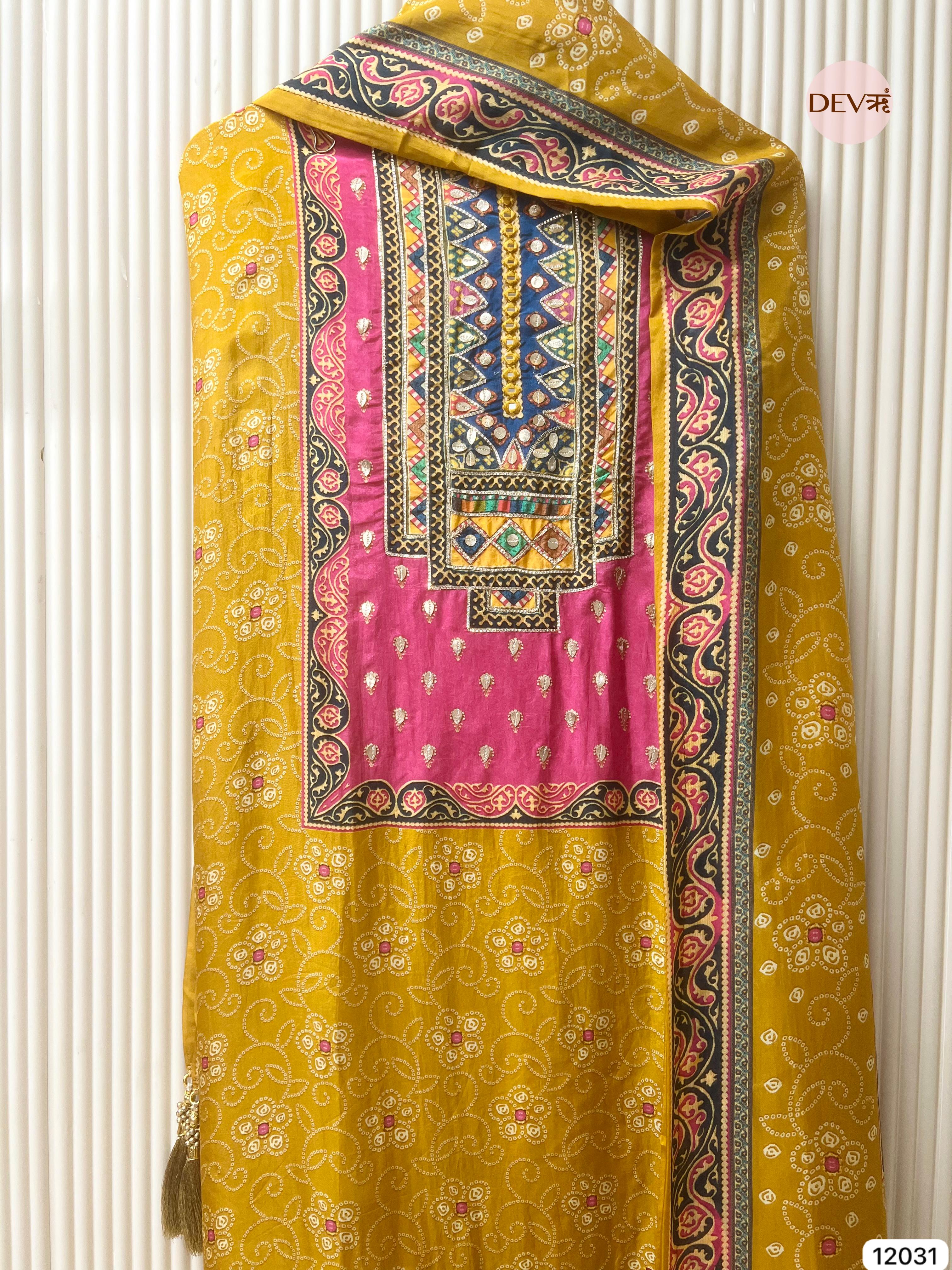 Yellow Pure Glass Silk Unstitched Printed Hand Embroidered -Set Of 3 - {12031}