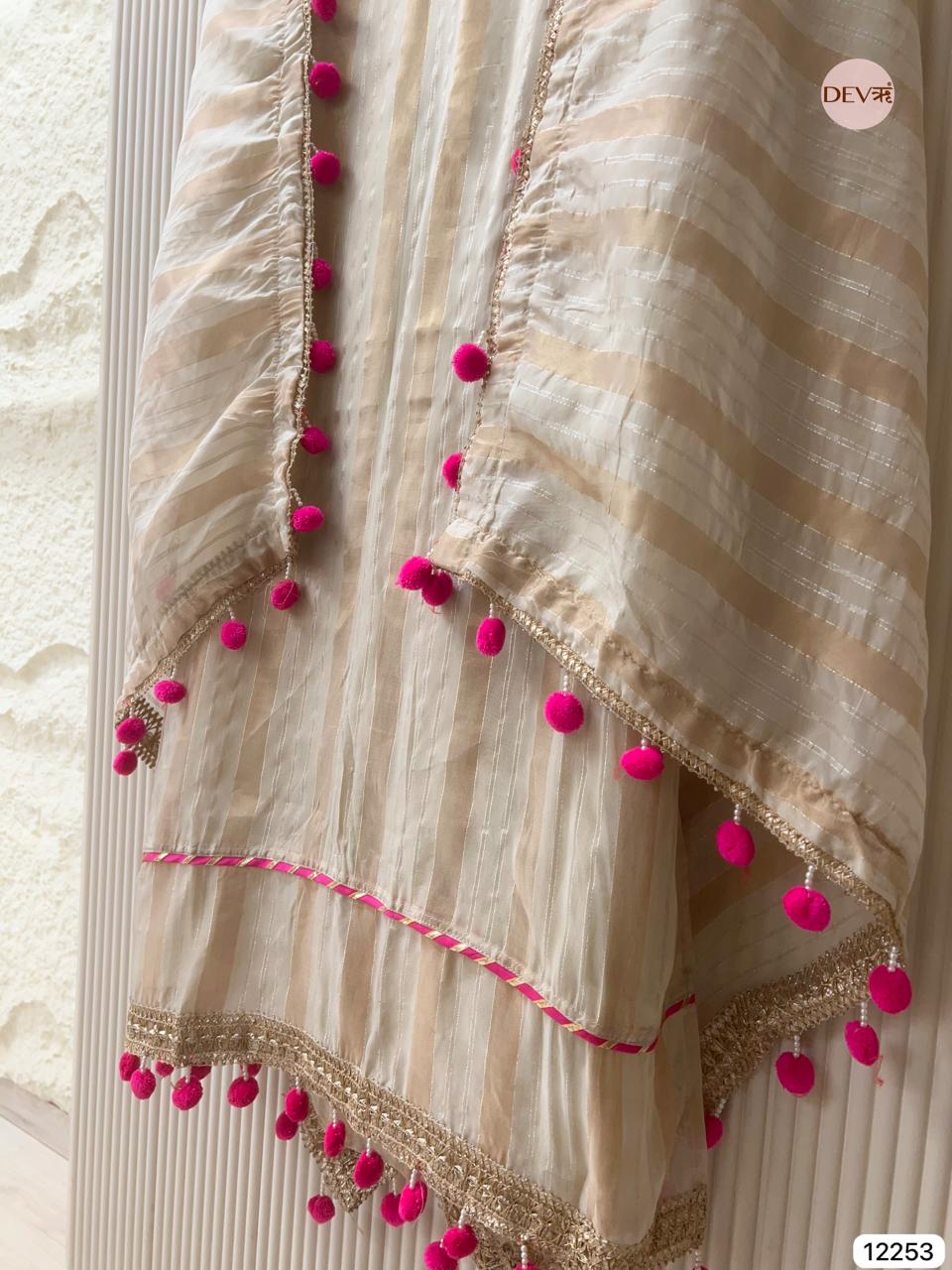 Beige Tissue Shimmer Silk Embroidered Unstitched 3-Piece Suit (Devri – D.No 12253)