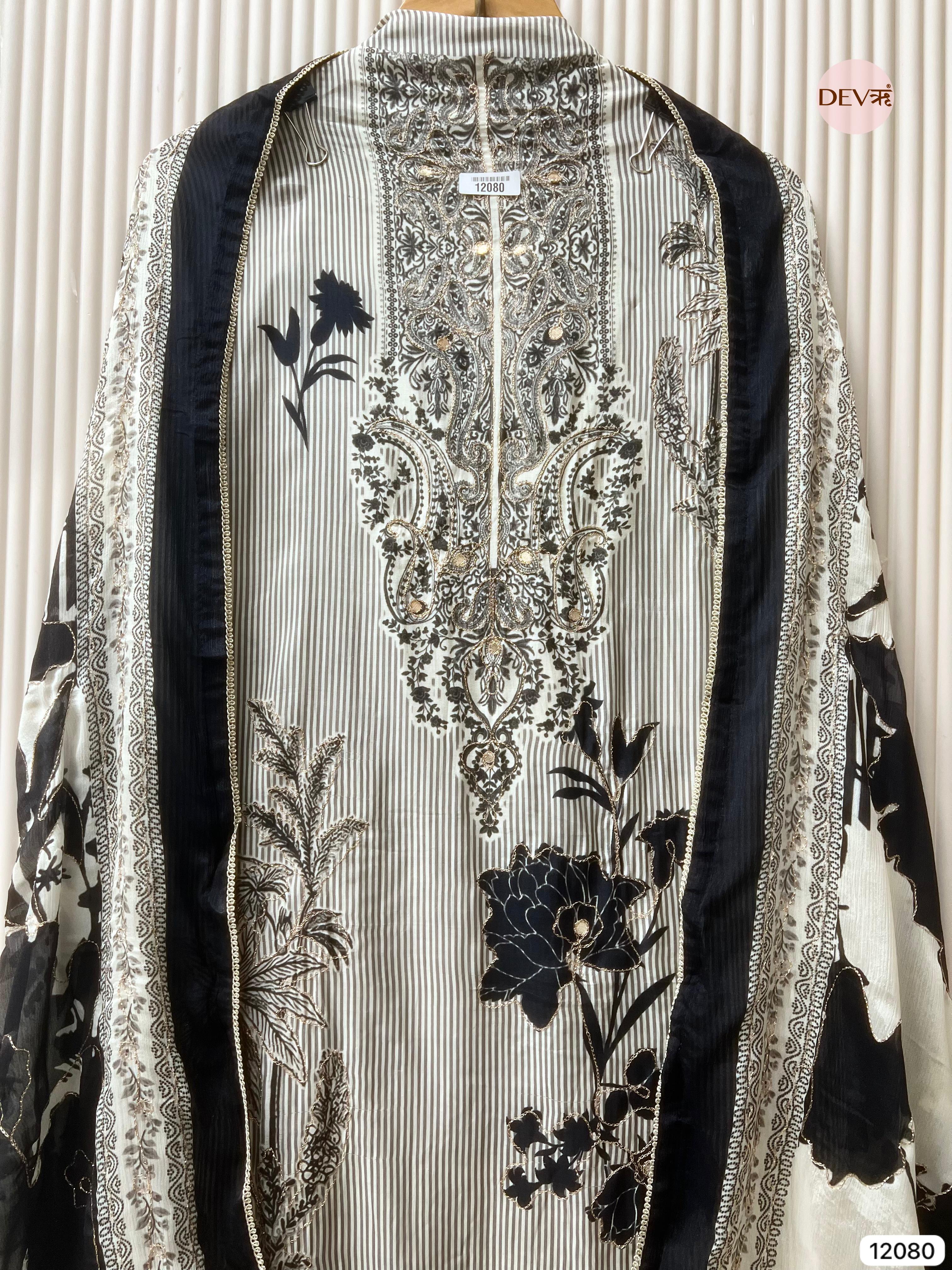 Black & White Pure Muslin Unstitched Printed With Hand Zardosi Embroidery -Set Of 3 - {12080}