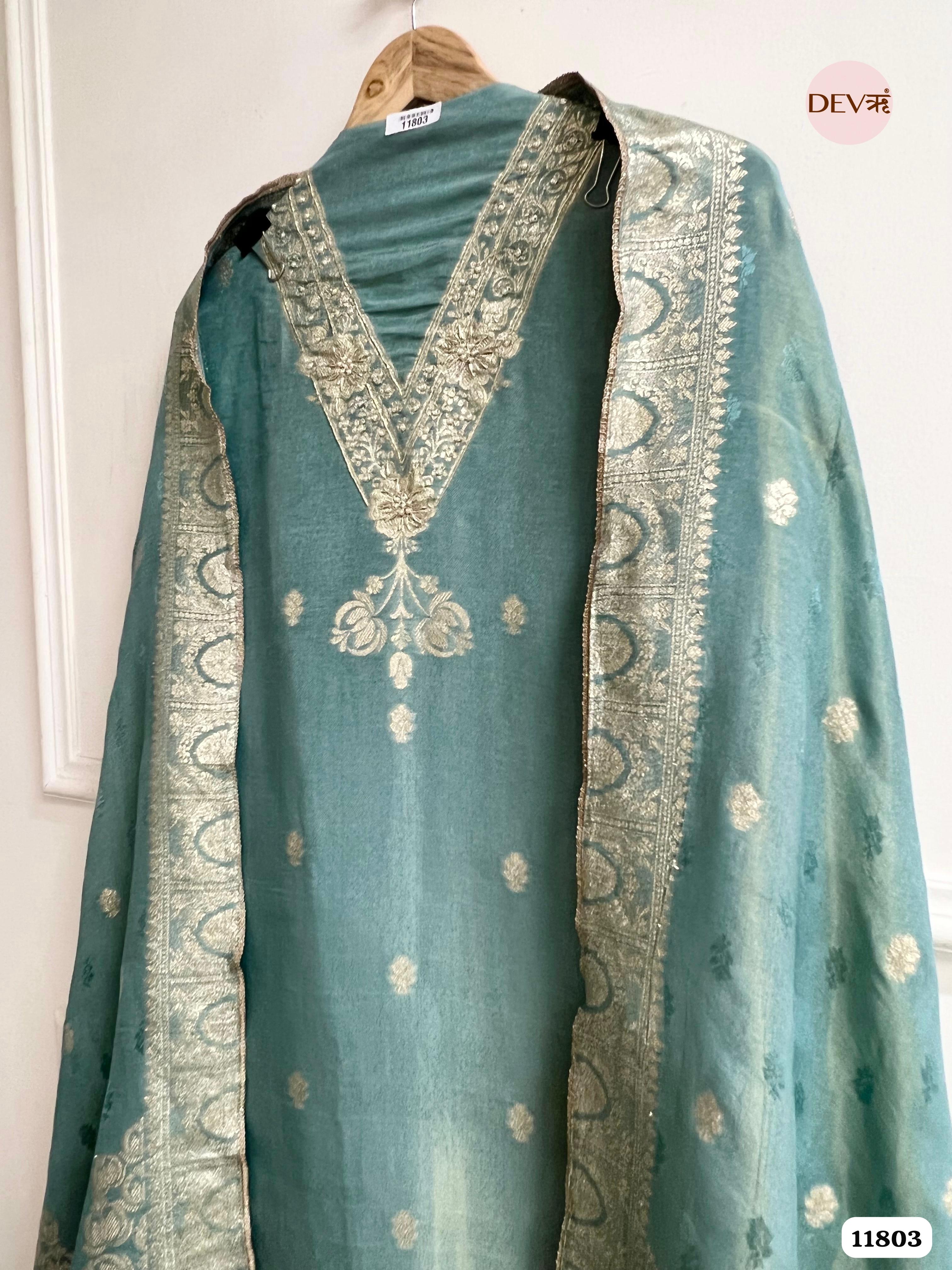 Green Tissue Silk Unstitched Banarasi Weave Hand Embroidered -Set Of 3 {11803}