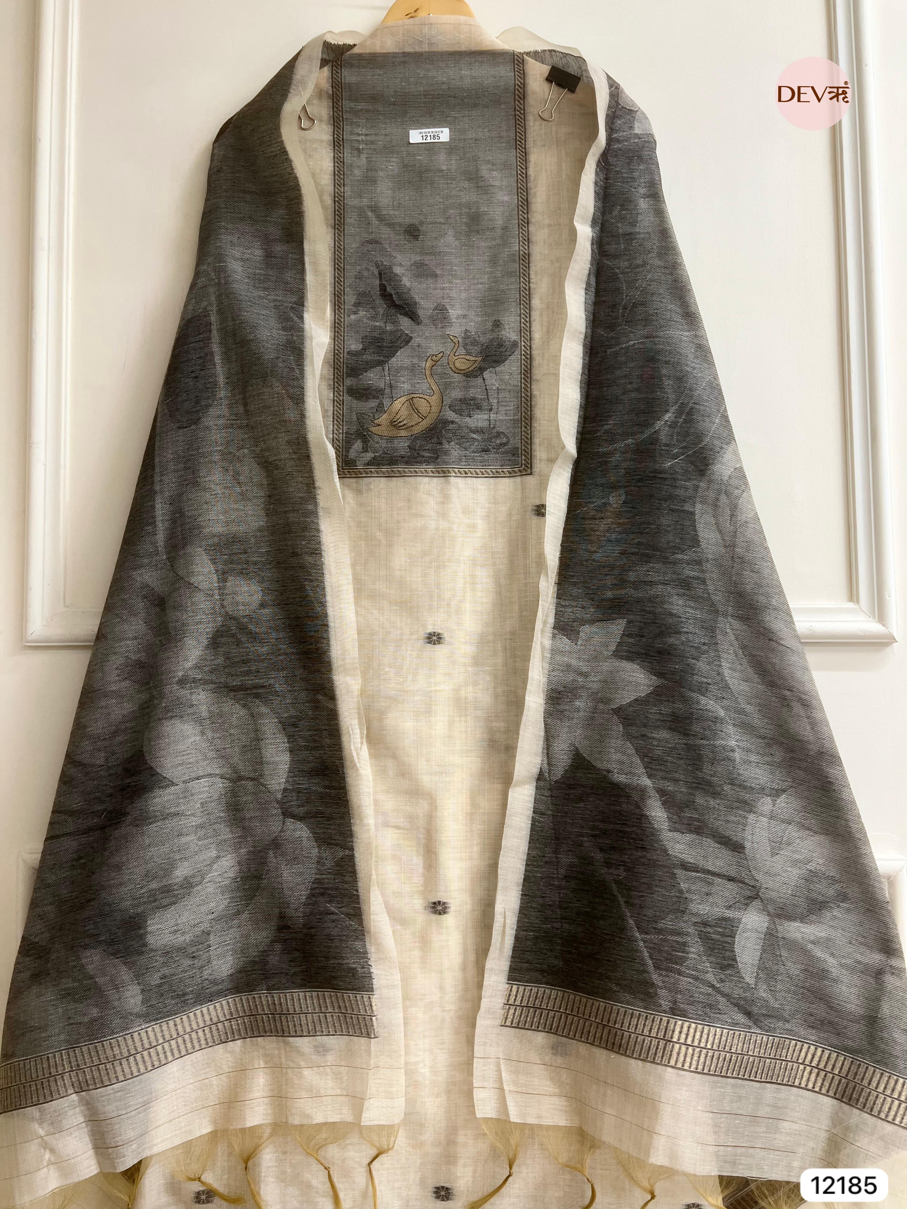 Beige Pure Jamdhani Silk Unstitched Banarasi Woven -Set Of 3 - {12185}