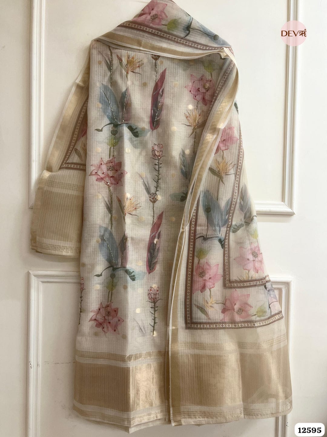 Beige Linen Cotton Floral Unstitched 3-Piece Suit (Devri – D.No 12595)