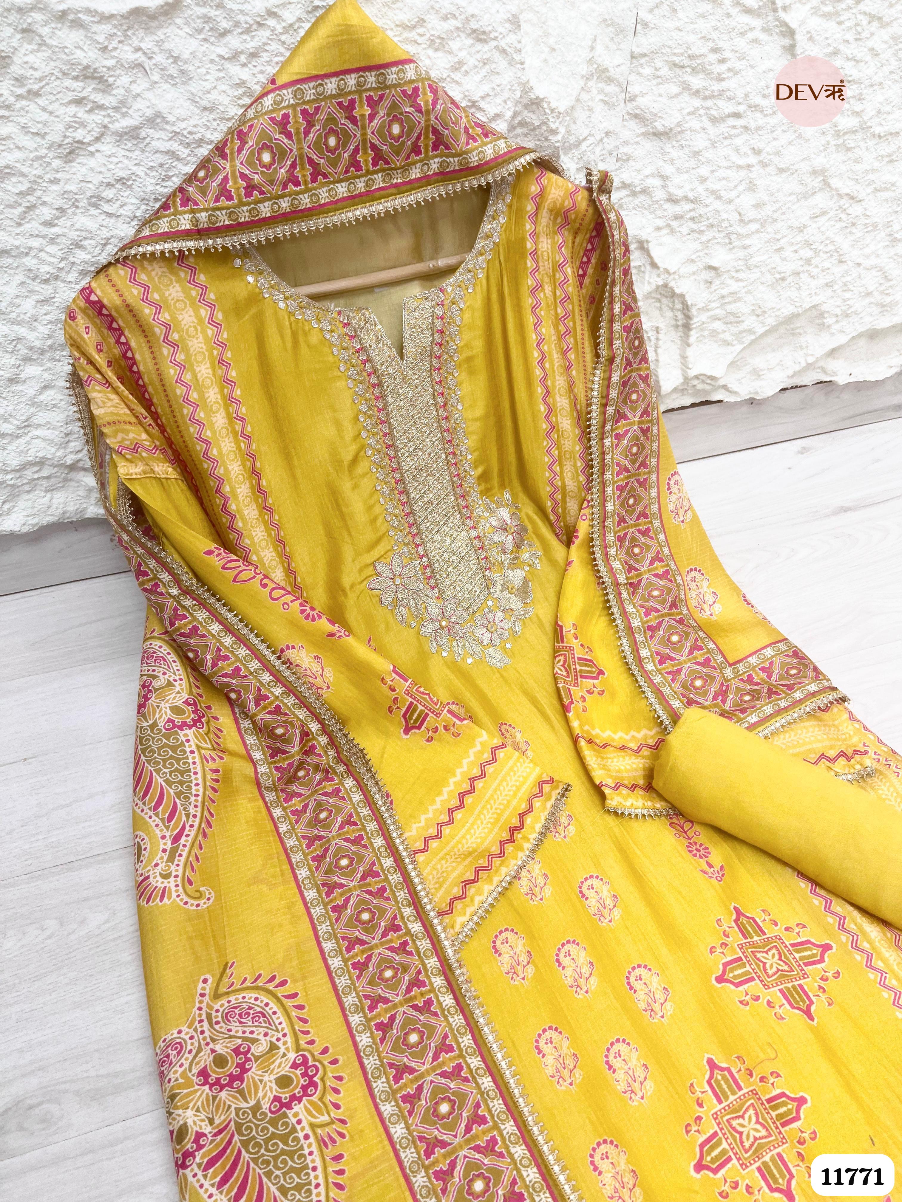 Yellow Russian Silk Unstitched Hand Embroidered -Set Of 3 {11771}