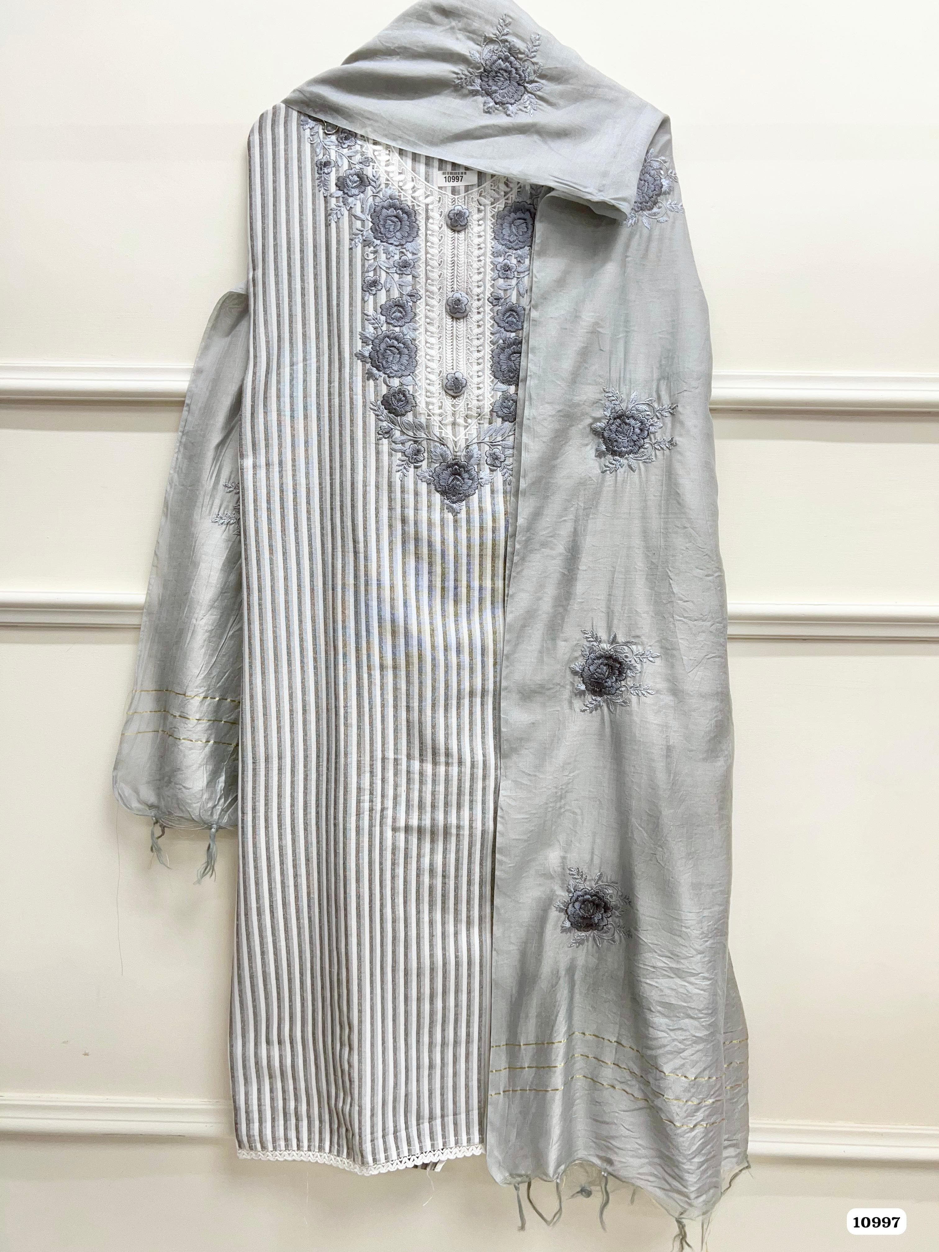 Grey Khadi Cotton Unstitched Embroidered -Set Of 3
