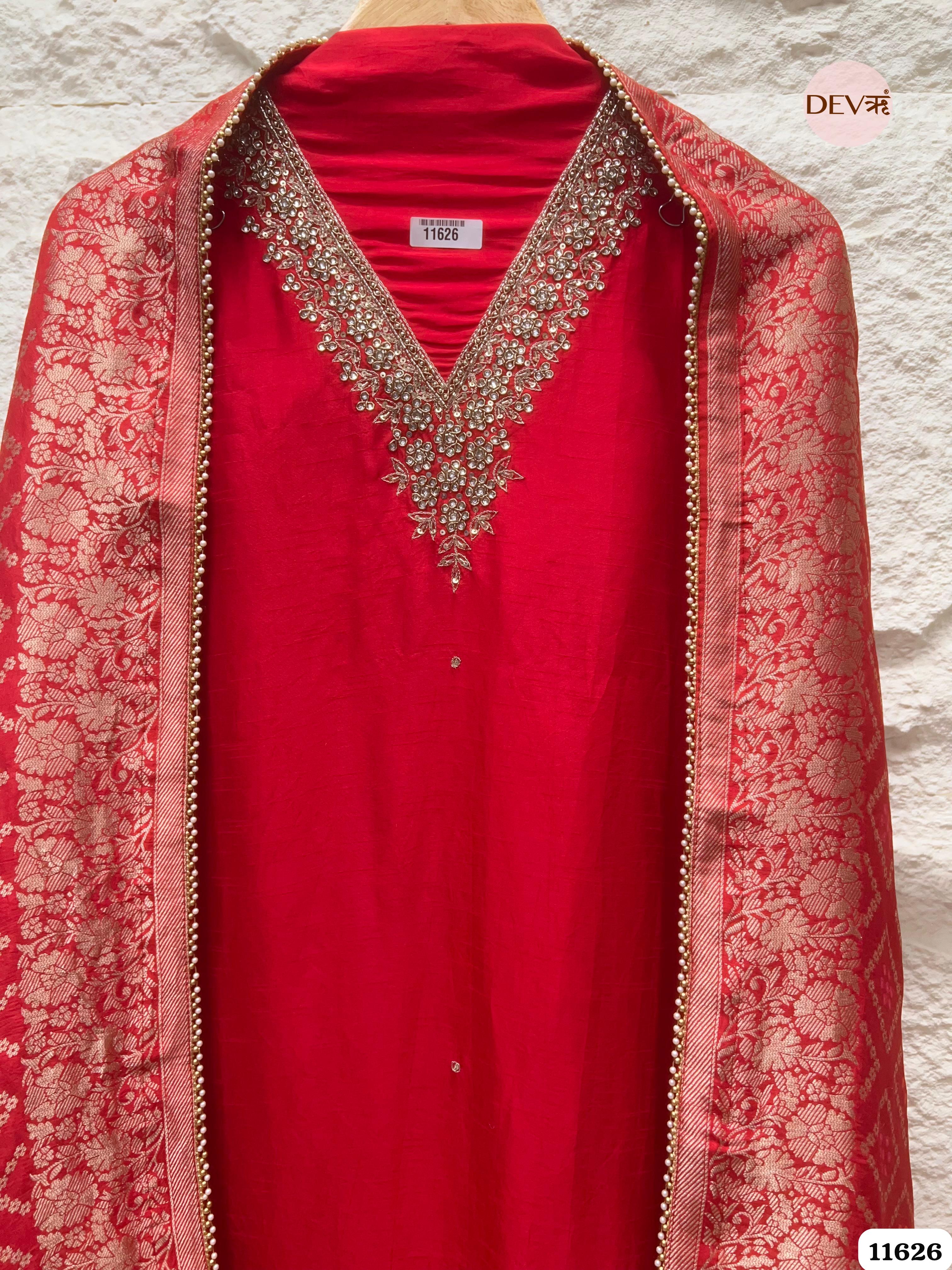 Red Pure Russian Silk Unstitched Hand Embroidered -Set Of 3 {11626}