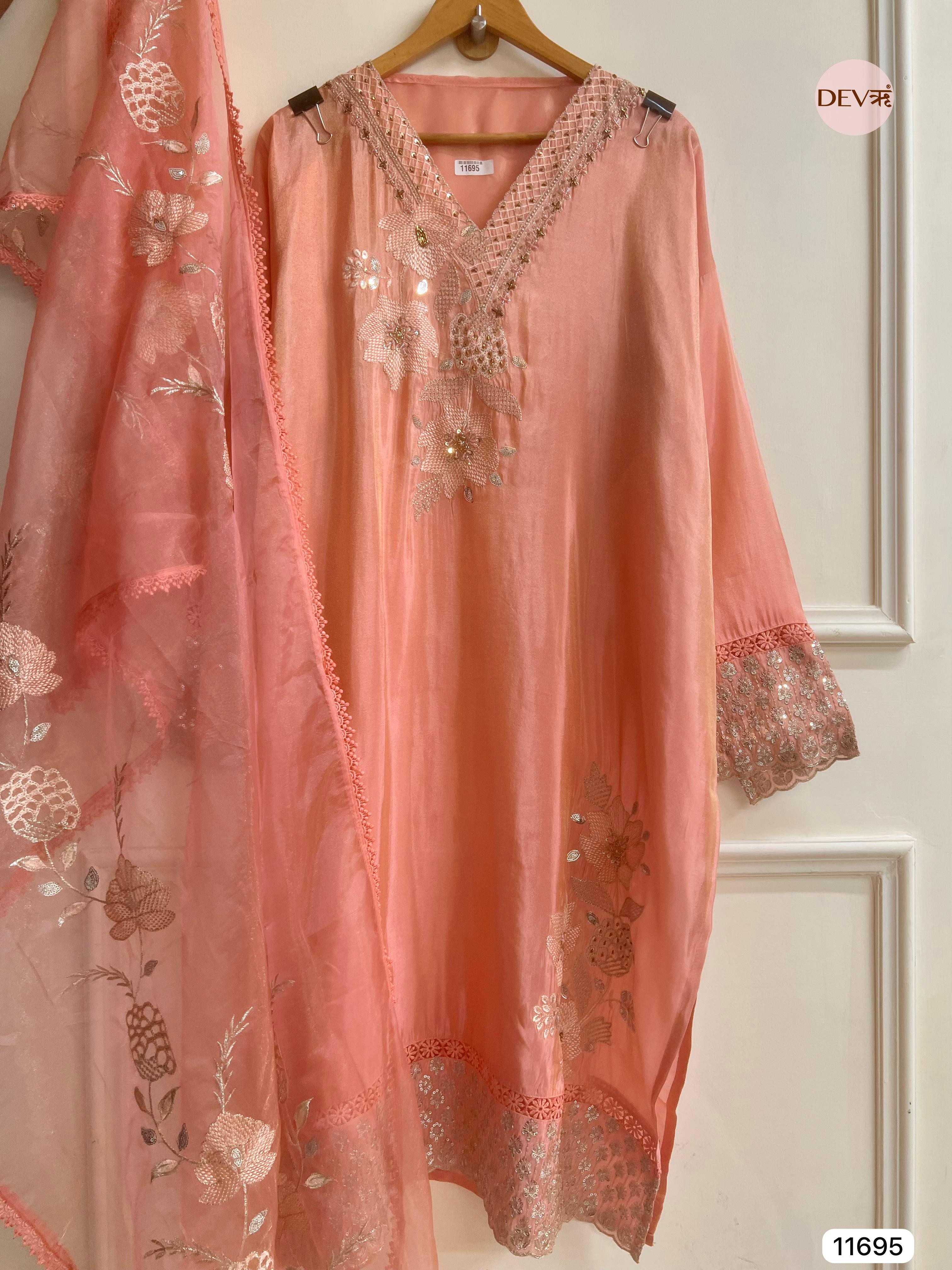 Light Pink Tissue Shimmer Silk Semi Stitched Hand Embroidered -Set Of 3- {11695}