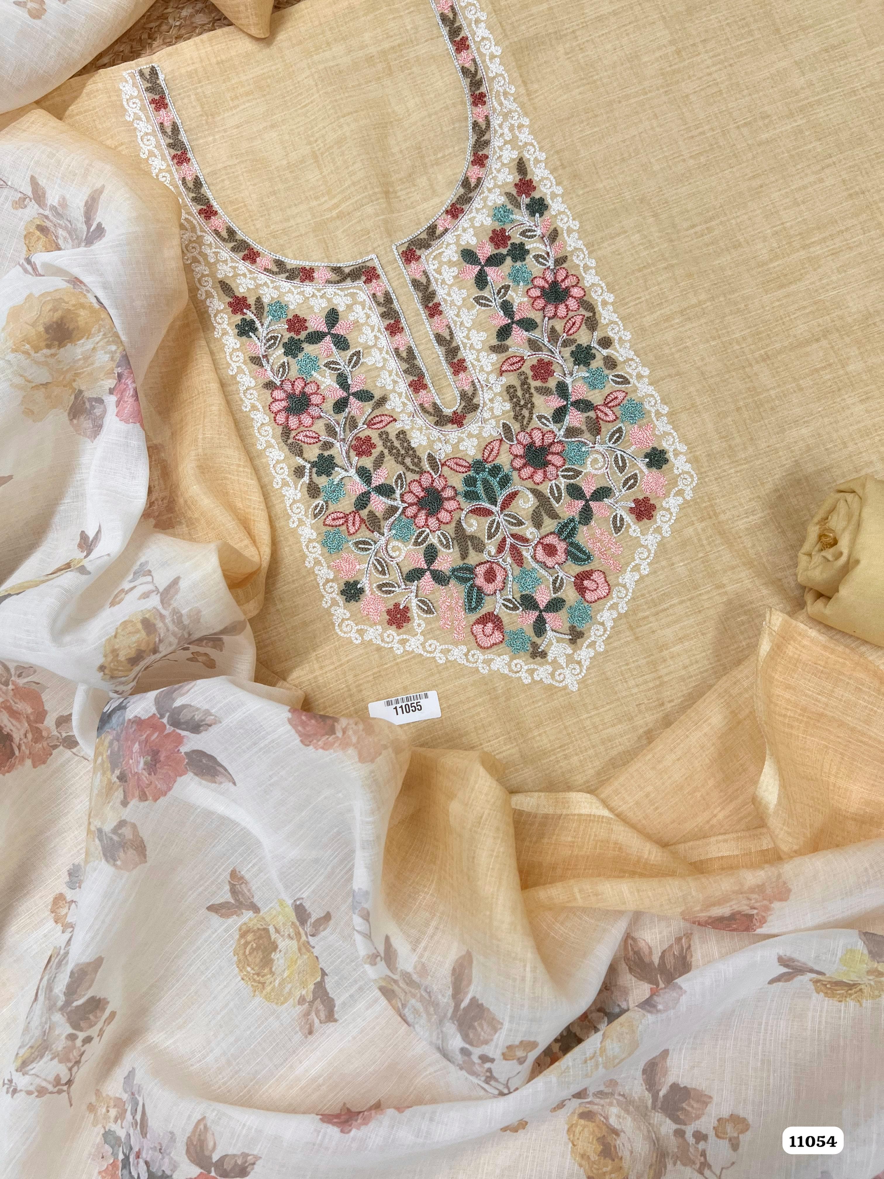 Cream Khadi Cotton Unstitched Embroidered -Set Of 3 {11055}