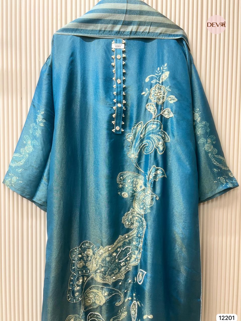 Blue Tissue Silk Unstitched Printed Hand Embroidered -Set Of 3 - {12201}