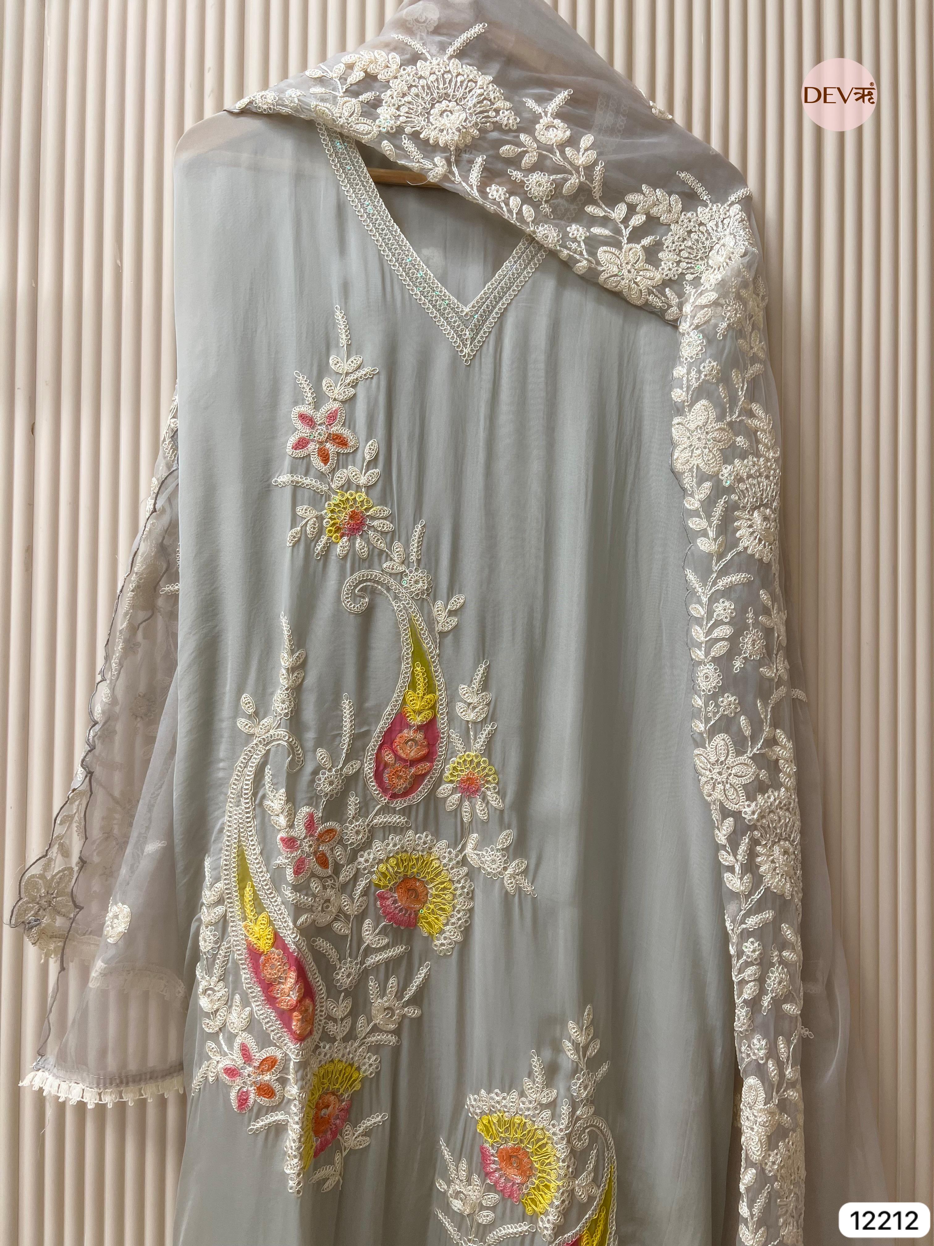 Gulbahar Soft Organza Thread-Embroidered 3-Piece Set (Devri – D.No 12212)