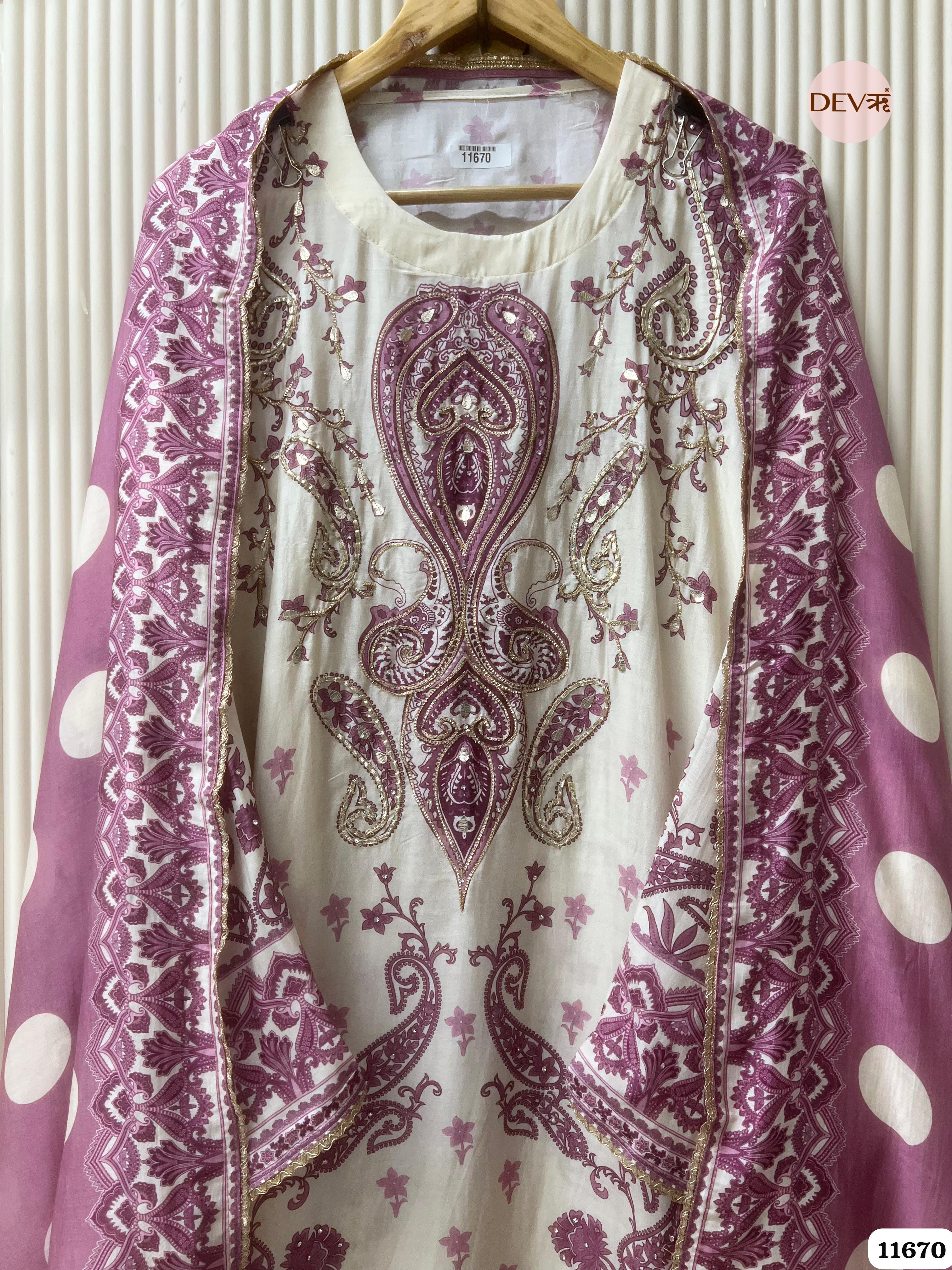 Off White/ purple Muslin Printed Semi Stitched Hand Embroidered -Set Of 3 - {11670}