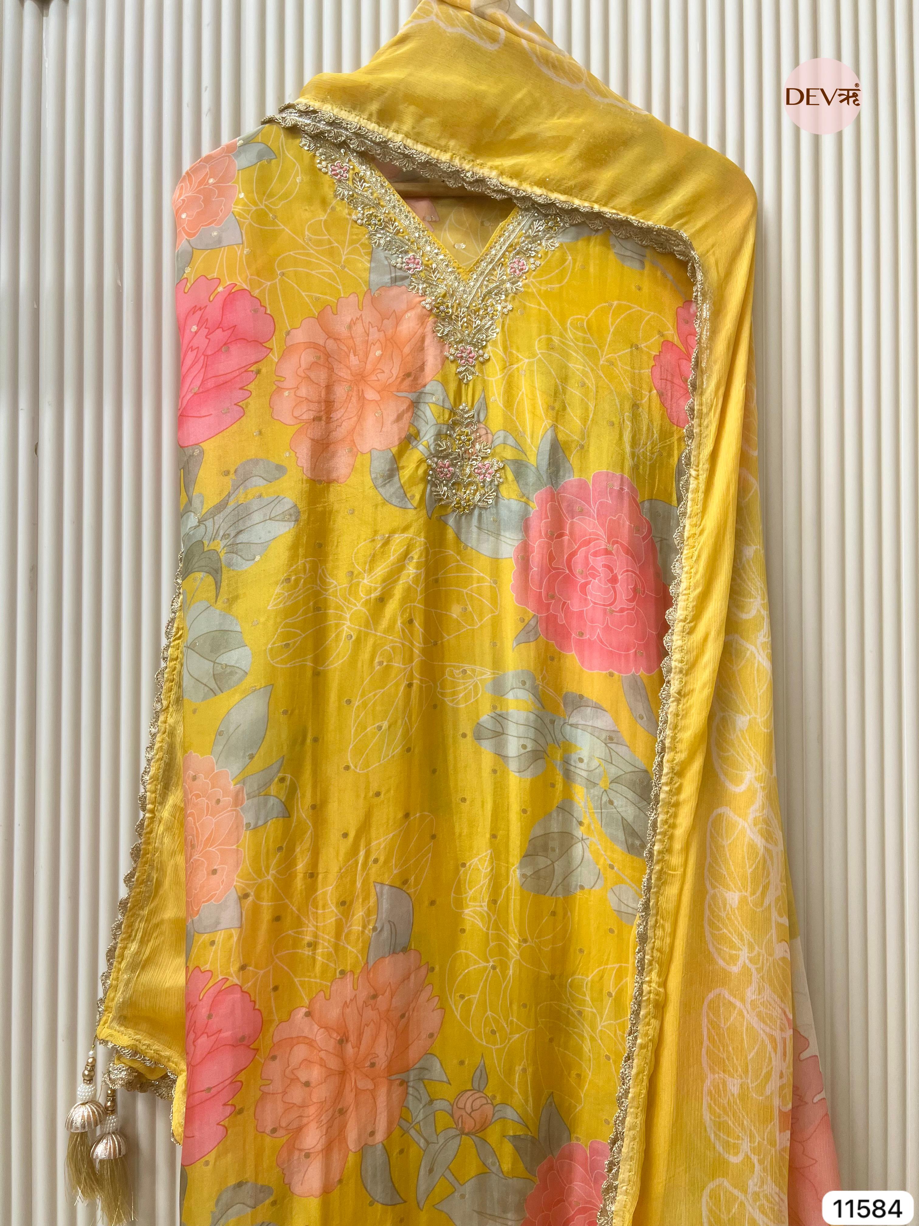 Sunlit Yellow Glass Organza Floral Unstitched 3-Piece Suit (Devri – D.No 11584)