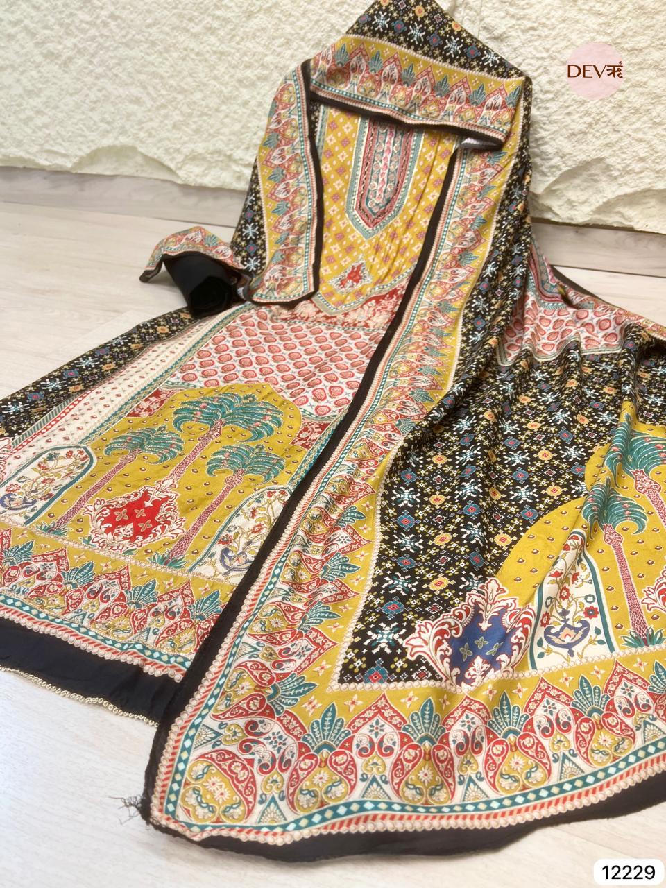 Multicolour Pure Muslin Printed Unstitched 3-Piece Suit (Devri – D.No 12229)