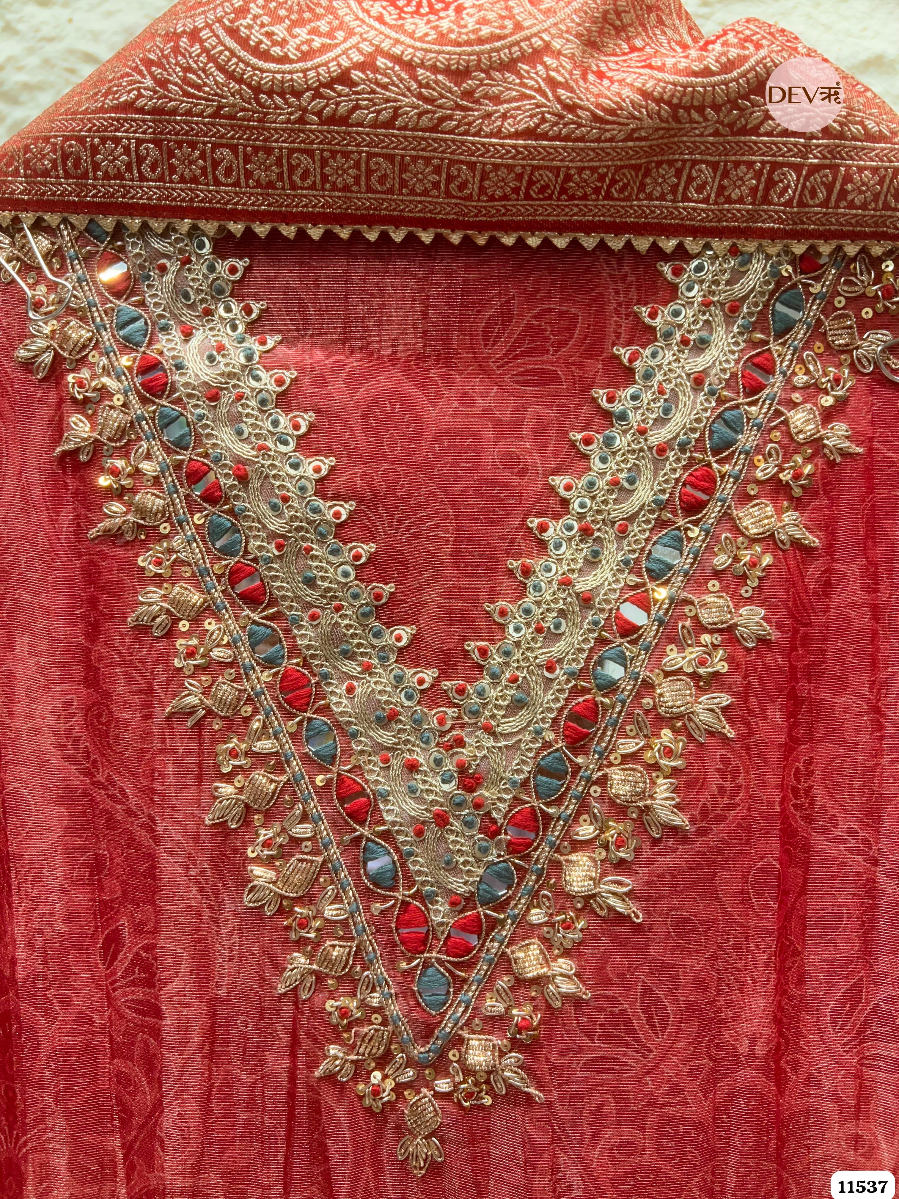 Red Pure Tissue Silk Unstitched Printed Hand Embroidered -Set Of 3 {11537}