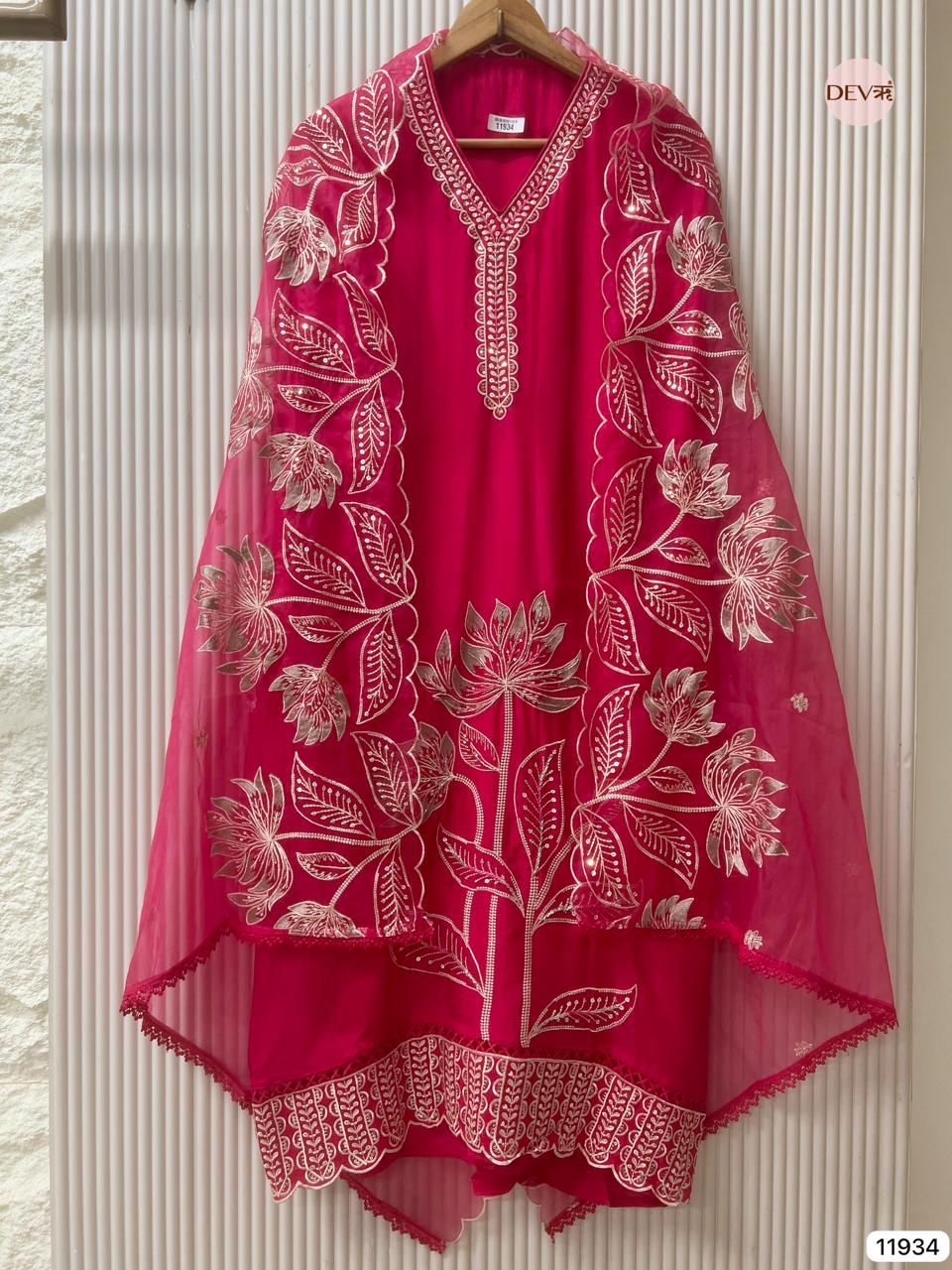 Pink Glass Tissue Silk Unstitched Embroidered -Set Of 3 - {11934}