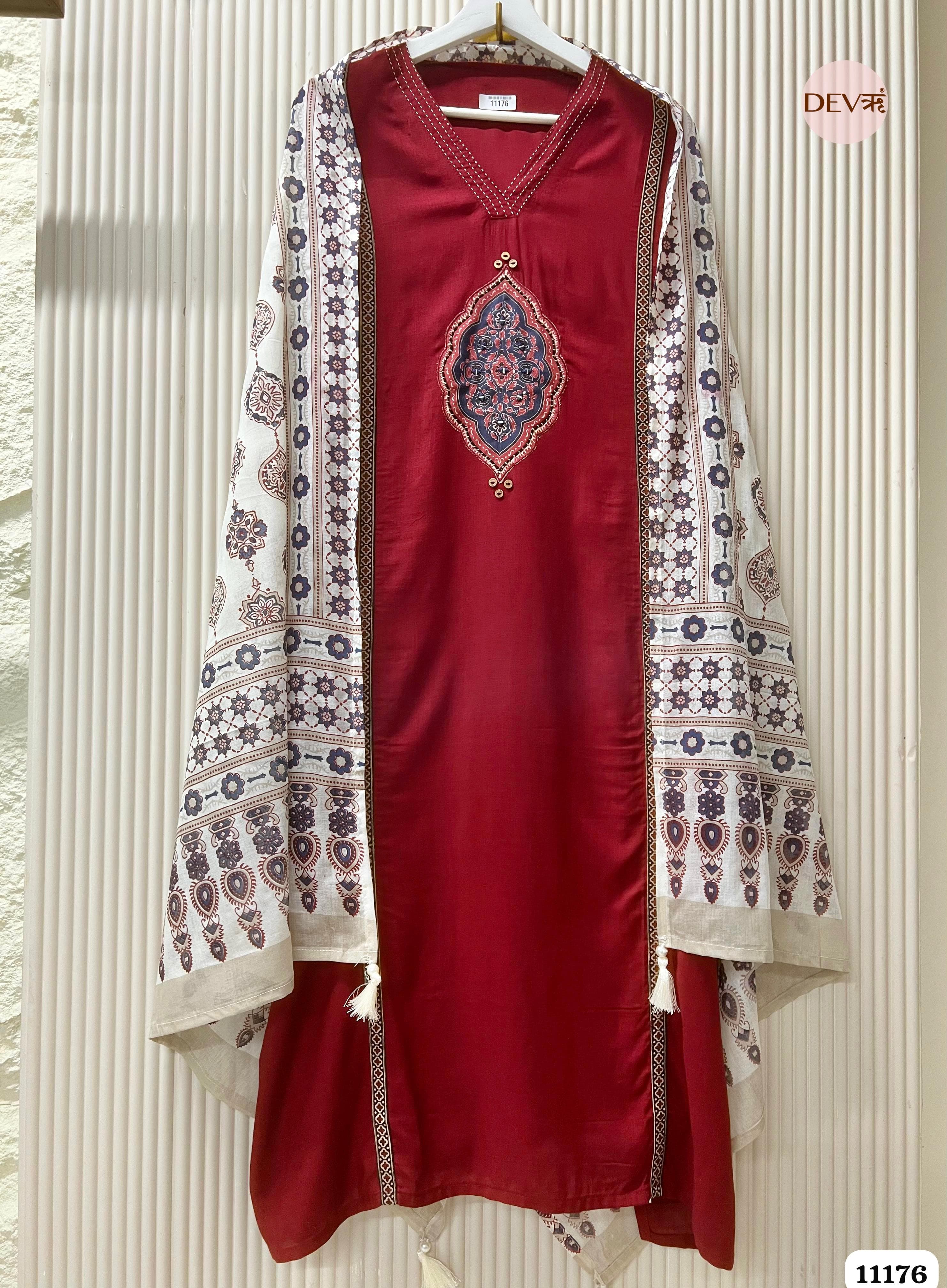 Maroon Slub Cotton Unstitched Hand Embroidered -Set Of 3 {11176}