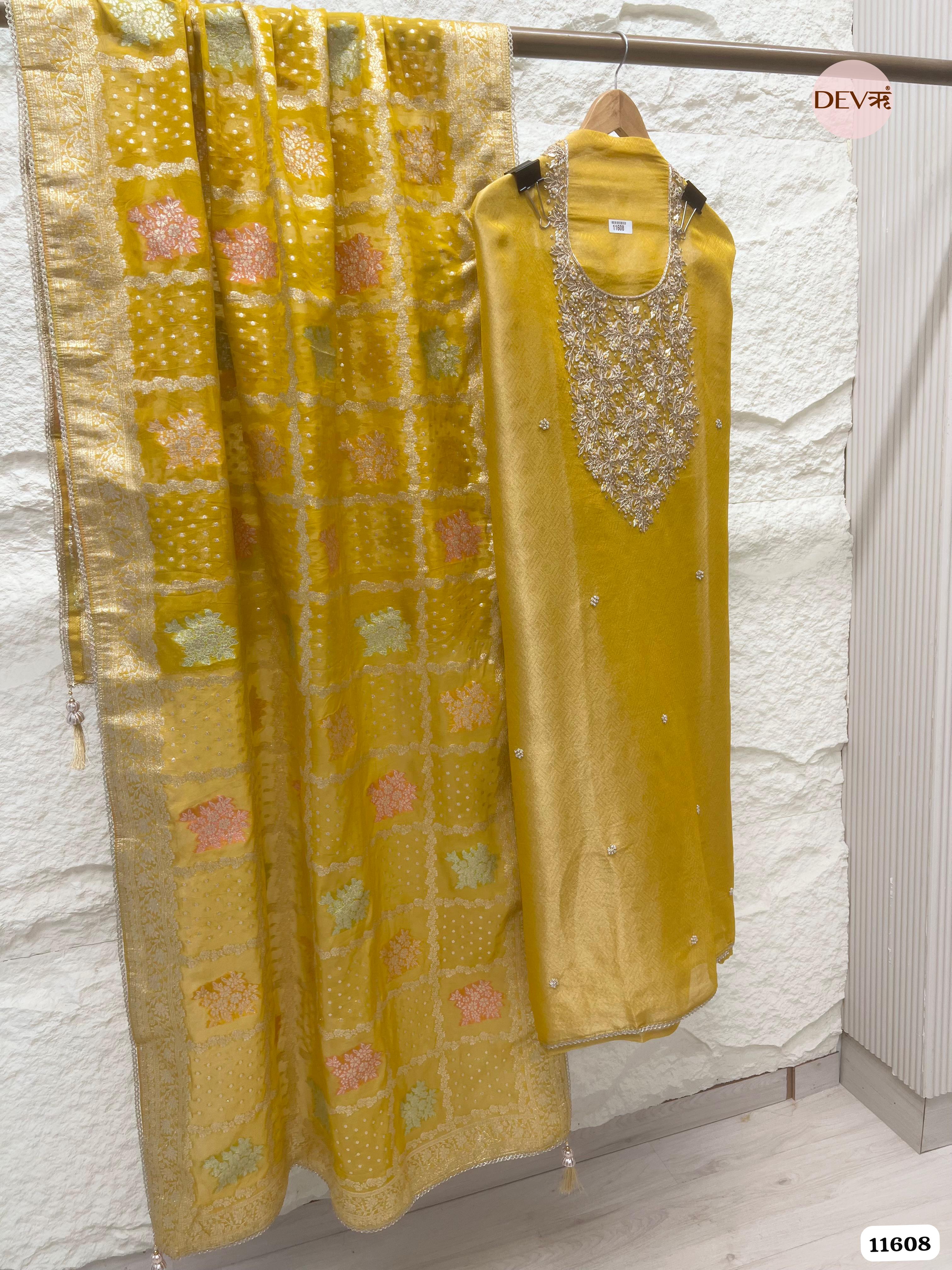 Yellow Pure Tissue Banarasi Silk Unstitched Hand Embroidered -Set Of 3 {11608}