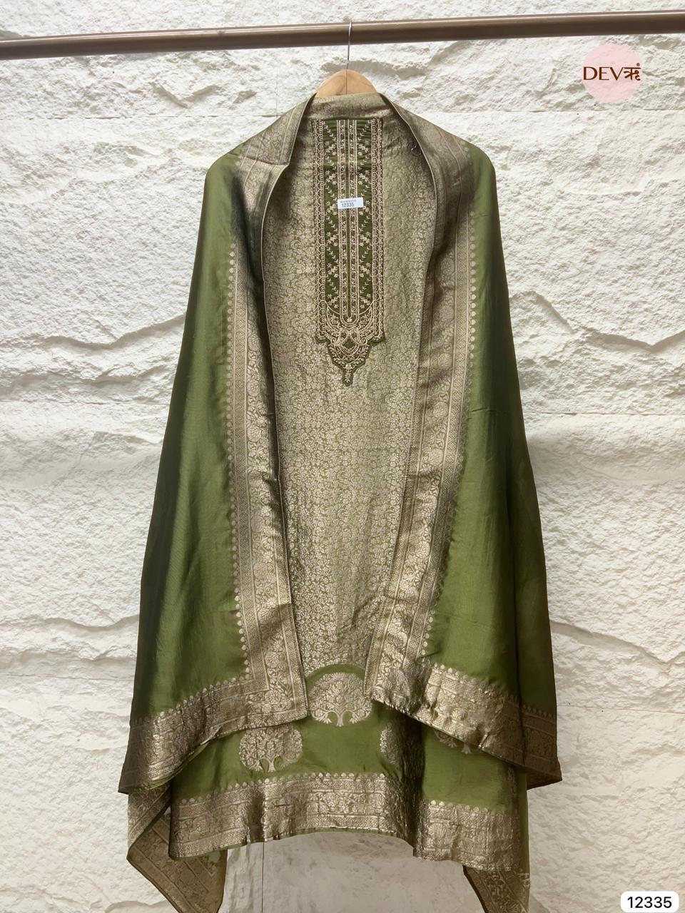 Olive Green Pure Banarasi Silk Embroidered Unstitched 3-Piece Suit (Devri – D.No 12335)