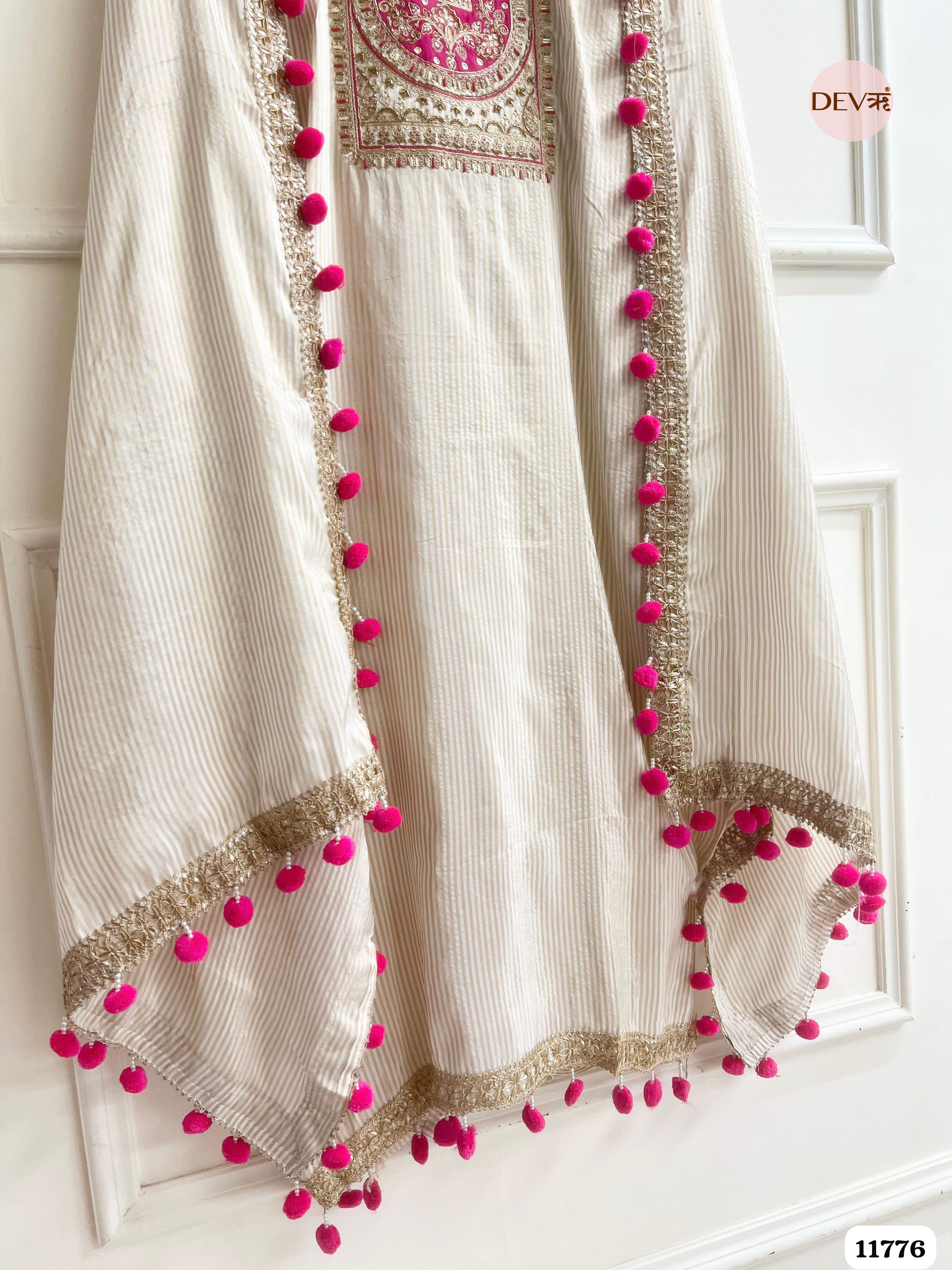 White Tissue Silk Unstitched Hand Embroidered -Set Of 3 {11776}