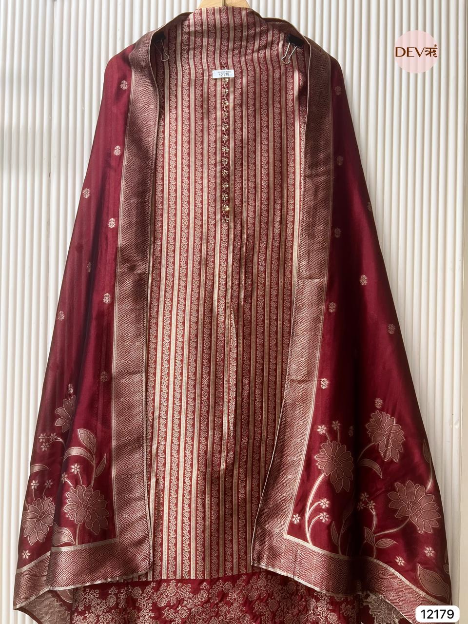 Maroon Pure Banarasi silk Unstitched Hand Embroidered -Set Of 3 - {12179}