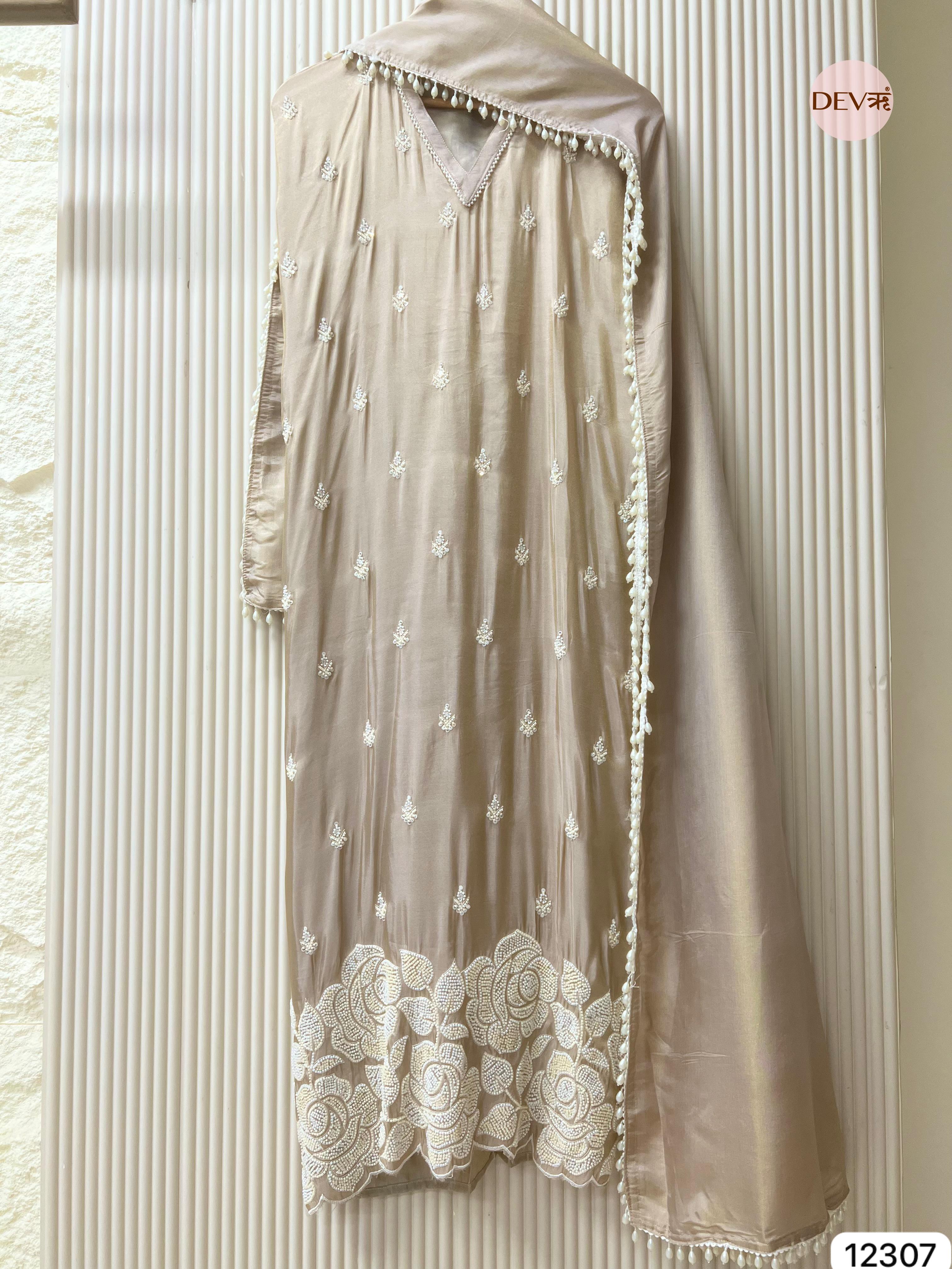 Ivory Beige Shimmer Silk Embroidered Unstitched 3-Piece Suit (Devri – D.No 12307)