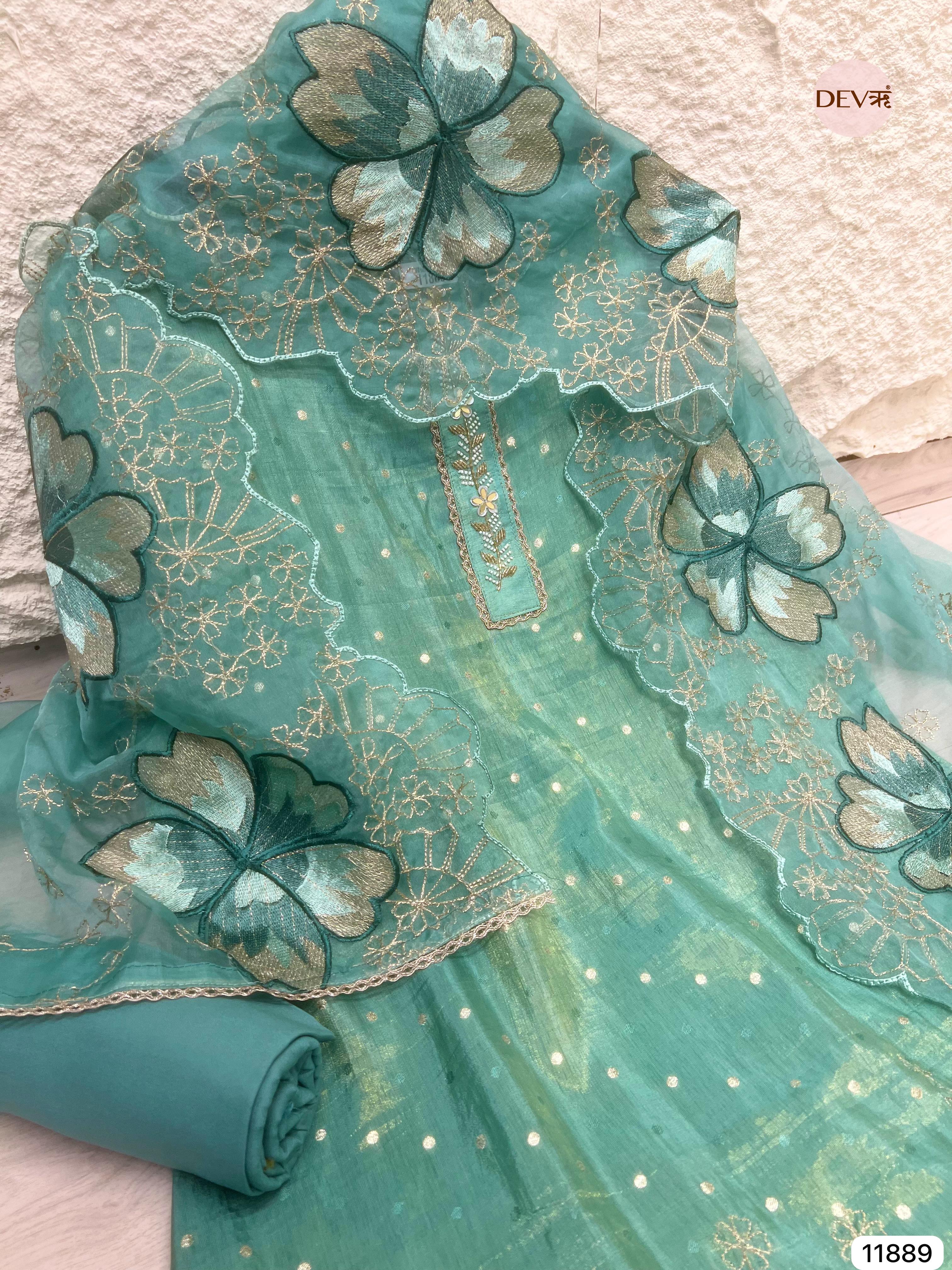 Green Tissue Silk Unstitched Embroidered -Set Of 3- {11889}