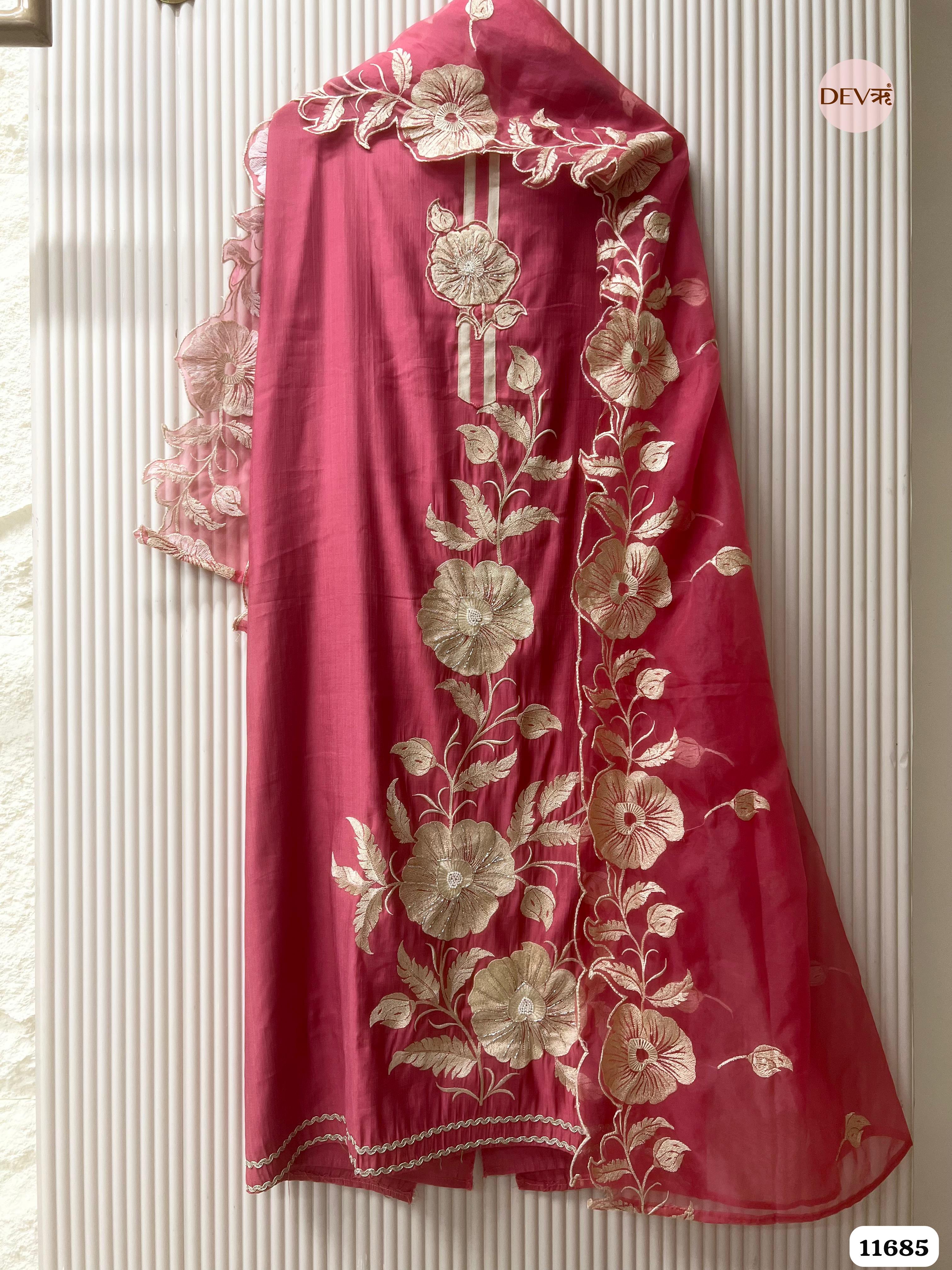 Pink Mul Chanderi Unstitched Embroidered -Set Of 3 {11685}
