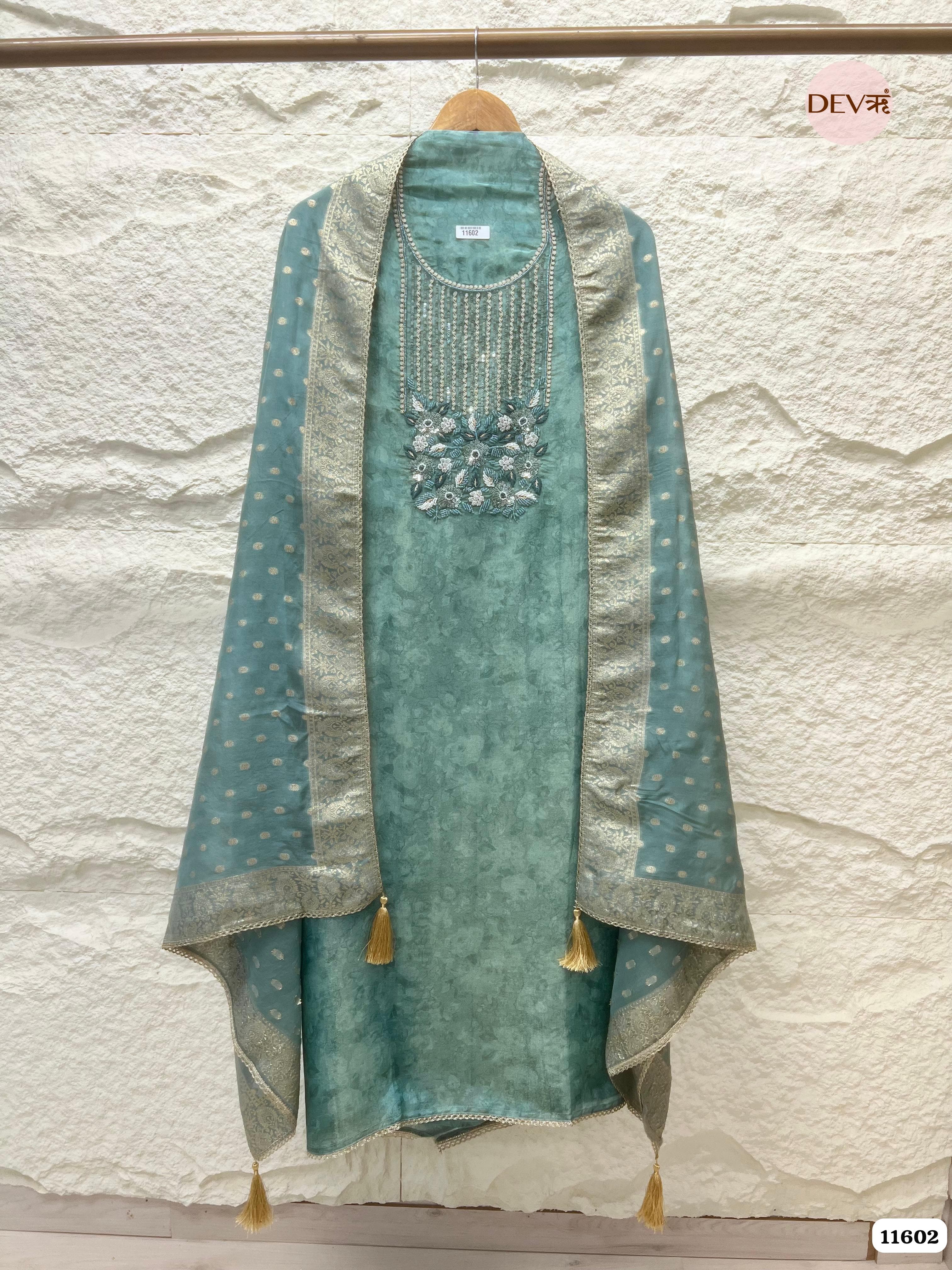Sea Green Pure Tissue Silk Unstitched Hand Embroidered -Set Of 3 {11602}