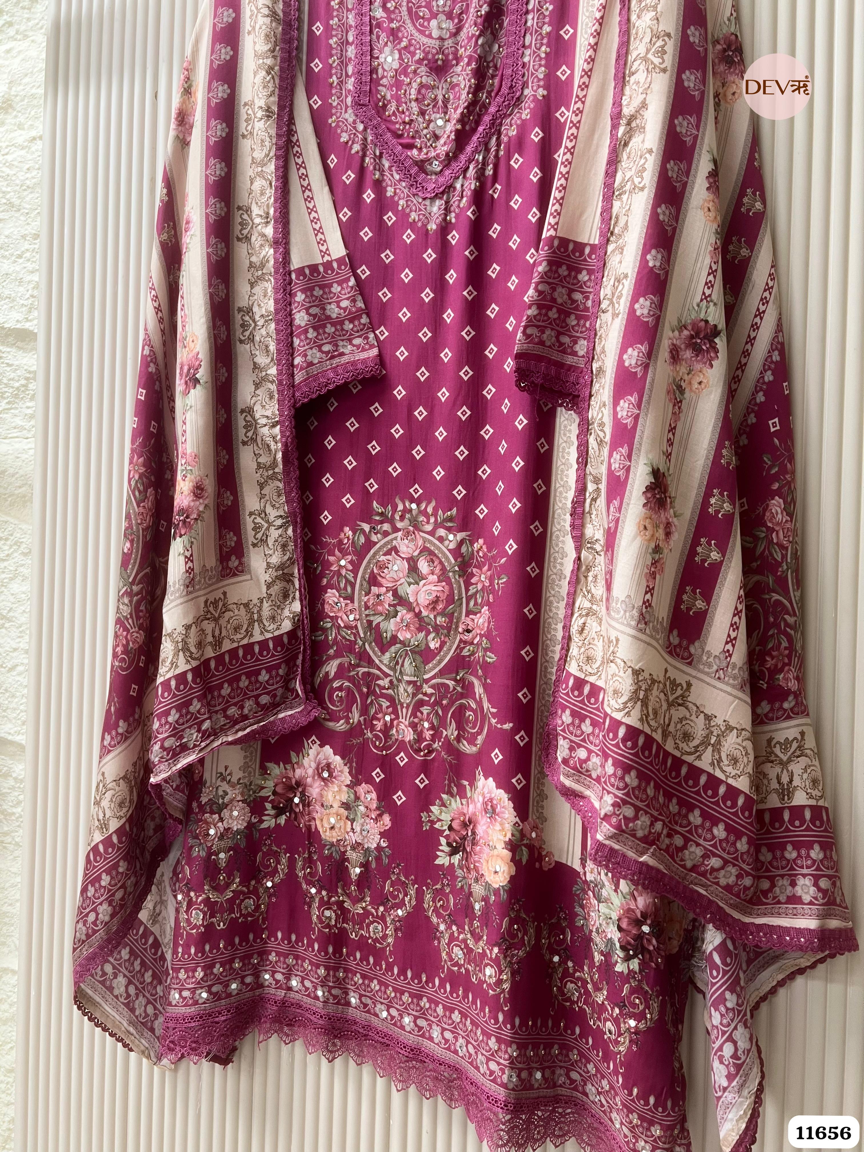 Magenta Pink Muslin Printed Semi Stitched Hand Embroidered -Set Of 3 {11656}